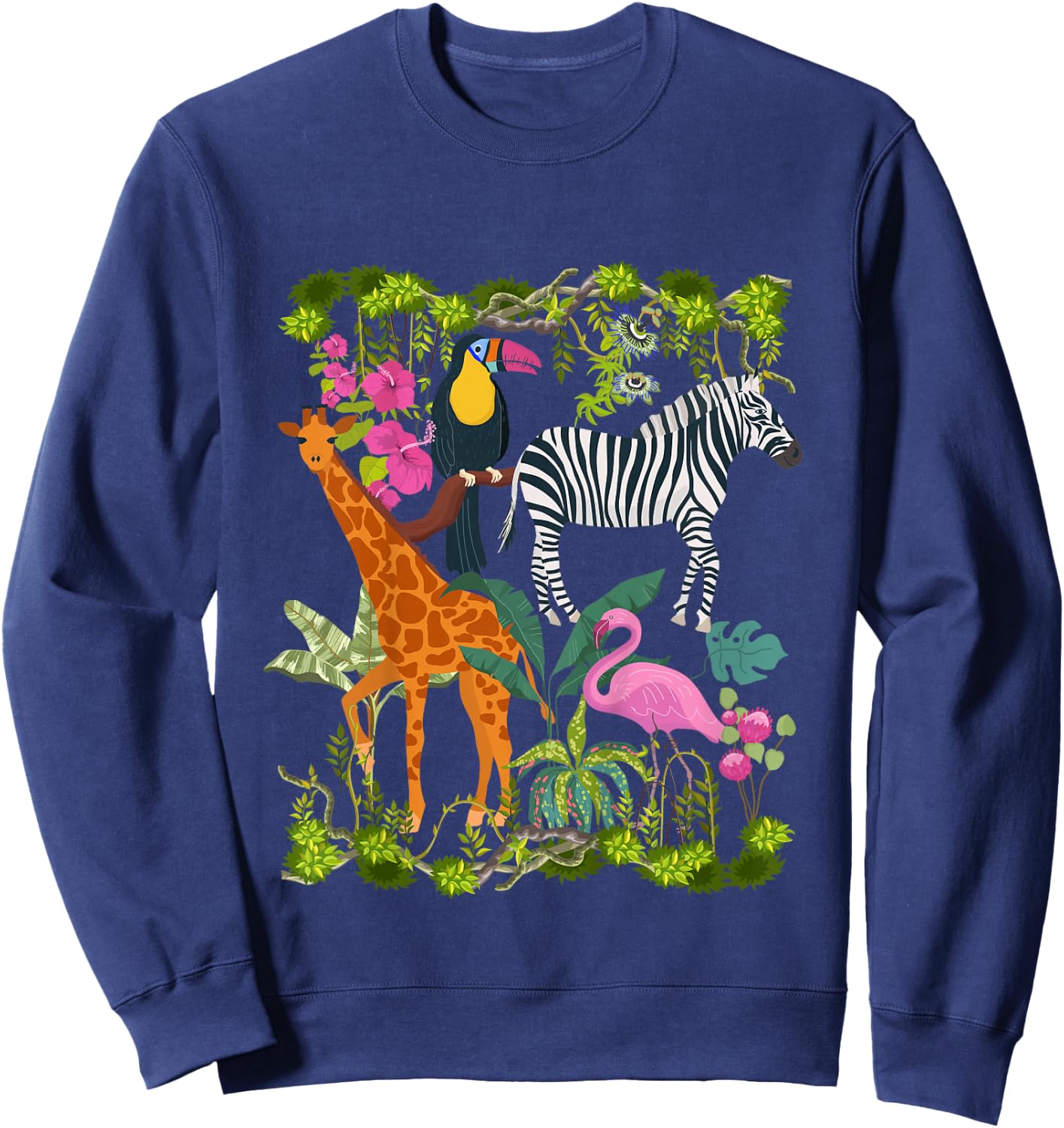 Kids Safari Animals Colourful Wildlife Jungle Zoo Giraffe Zebra Sweatshirt - Sweatshirt | Navy