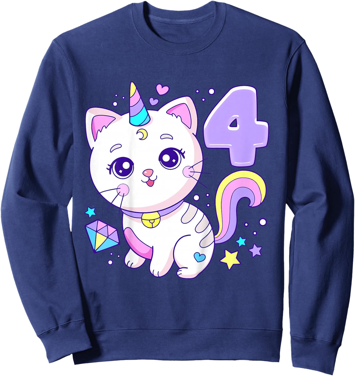 Birthday girl 4 years old, cat, unicorn, 4th birthday Sweatshirt - Sweatshirt | Navy