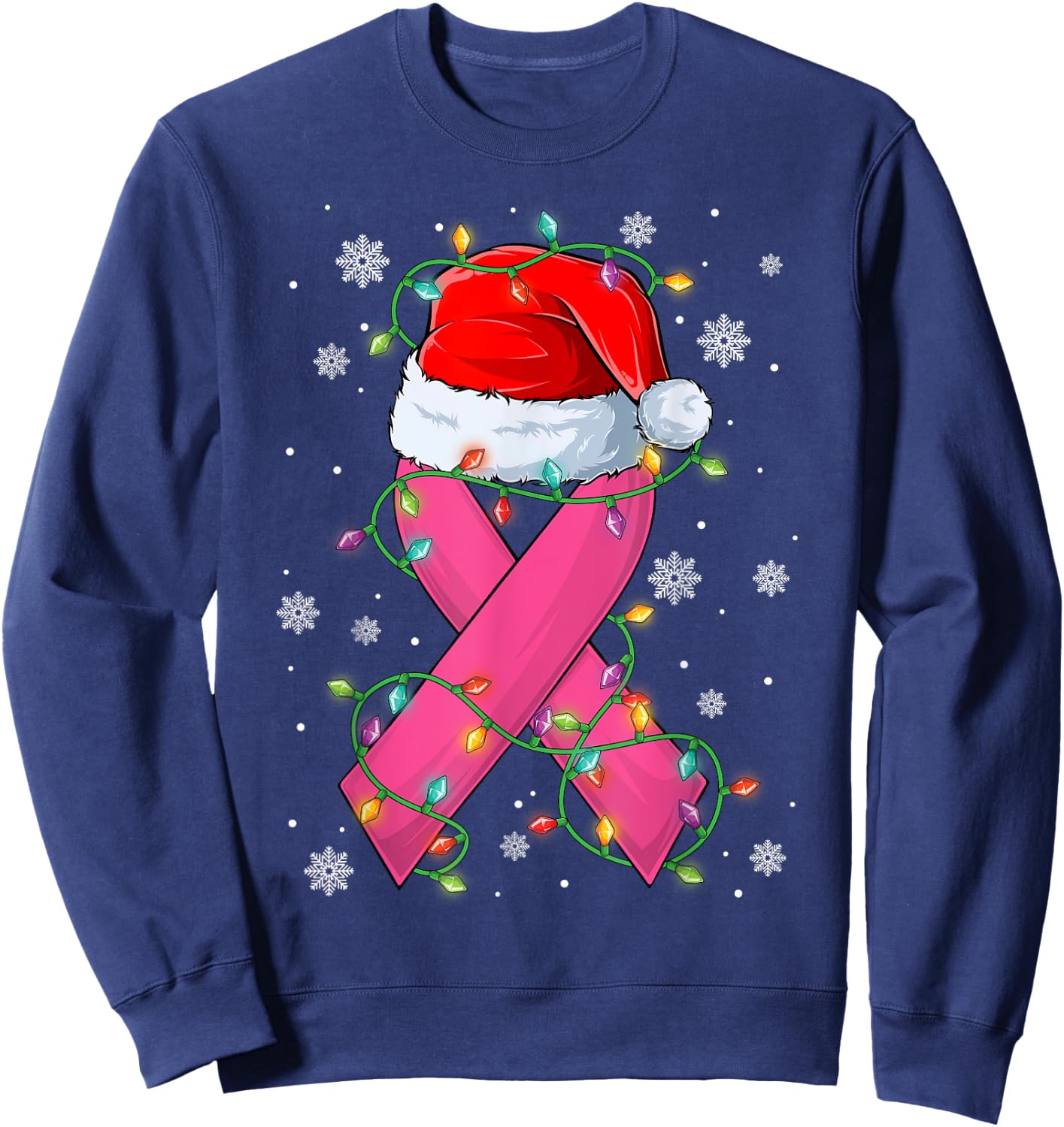 Pink Ribbon Santa Hat Christmas Tree Lights Breast Cancer Sweatshirt - Sweatshirt | Navy