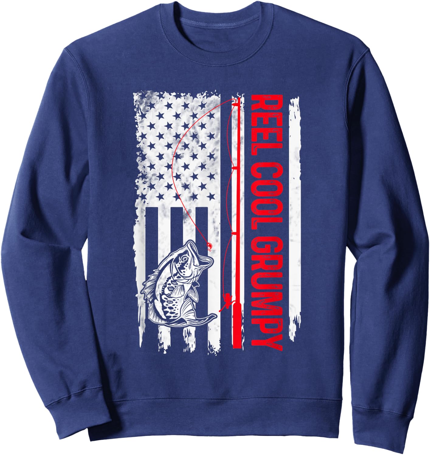 Reel Cool Grumpy Fishing American Flag Funny Grandpa Sweatshirt - Sweatshirt | Navy