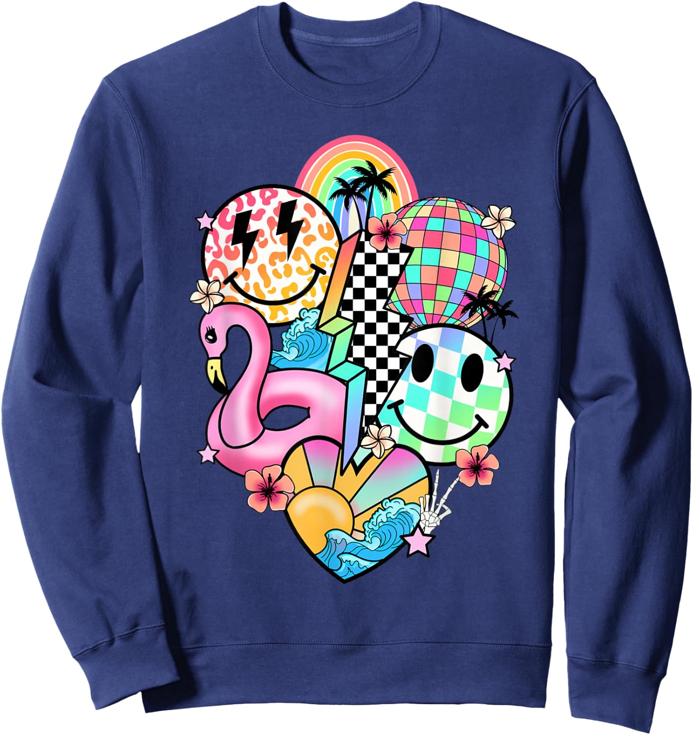Retro Groovy Summer Vibes Smile Face Hello Summer Vacation Sweatshirt - Sweatshirt | Navy