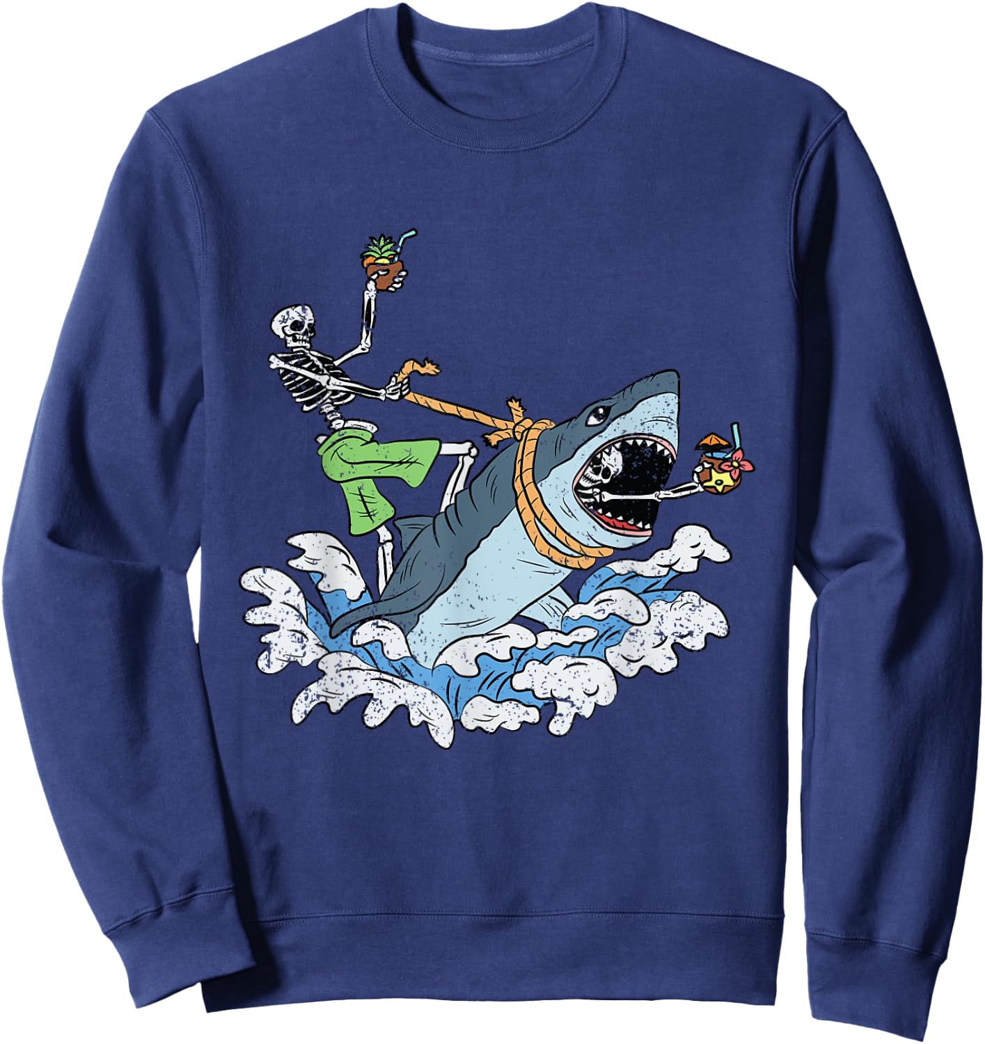 Skeleton Riding Shark Halloween Costume Bones Sea Animal Sweatshirt - Sweatshirt | Navy