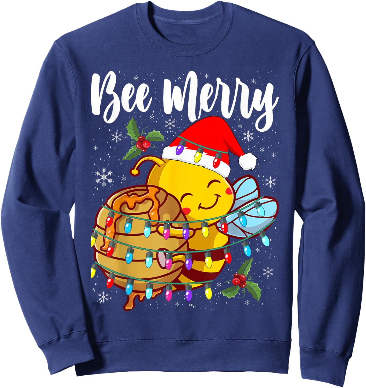 Bee Wears Santa Hat Xmas Lights Sweatshirt - Sweatshirt | Navy
