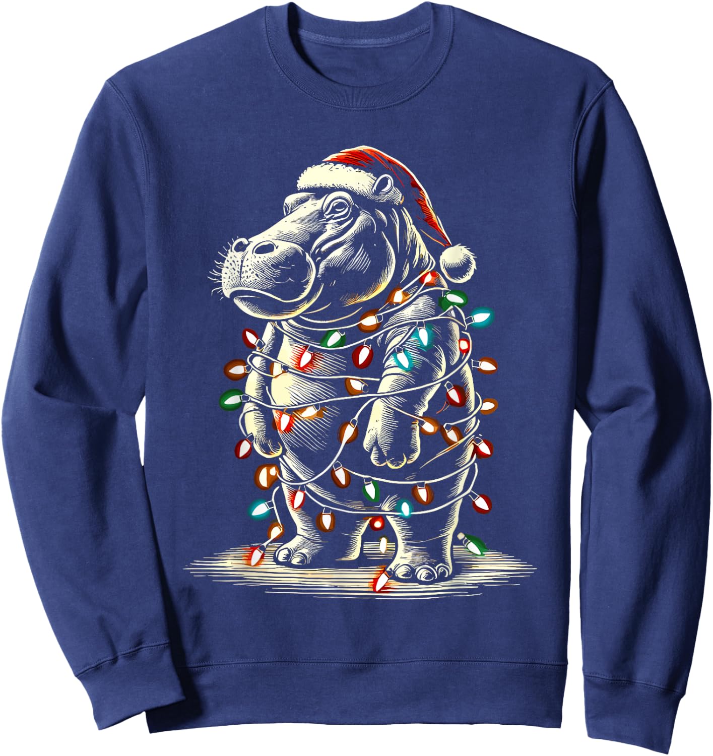 Hippopotamus Christmas Santa Hat Pajama Funny Hippo Xmas Sweatshirt - Sweatshirt | Navy