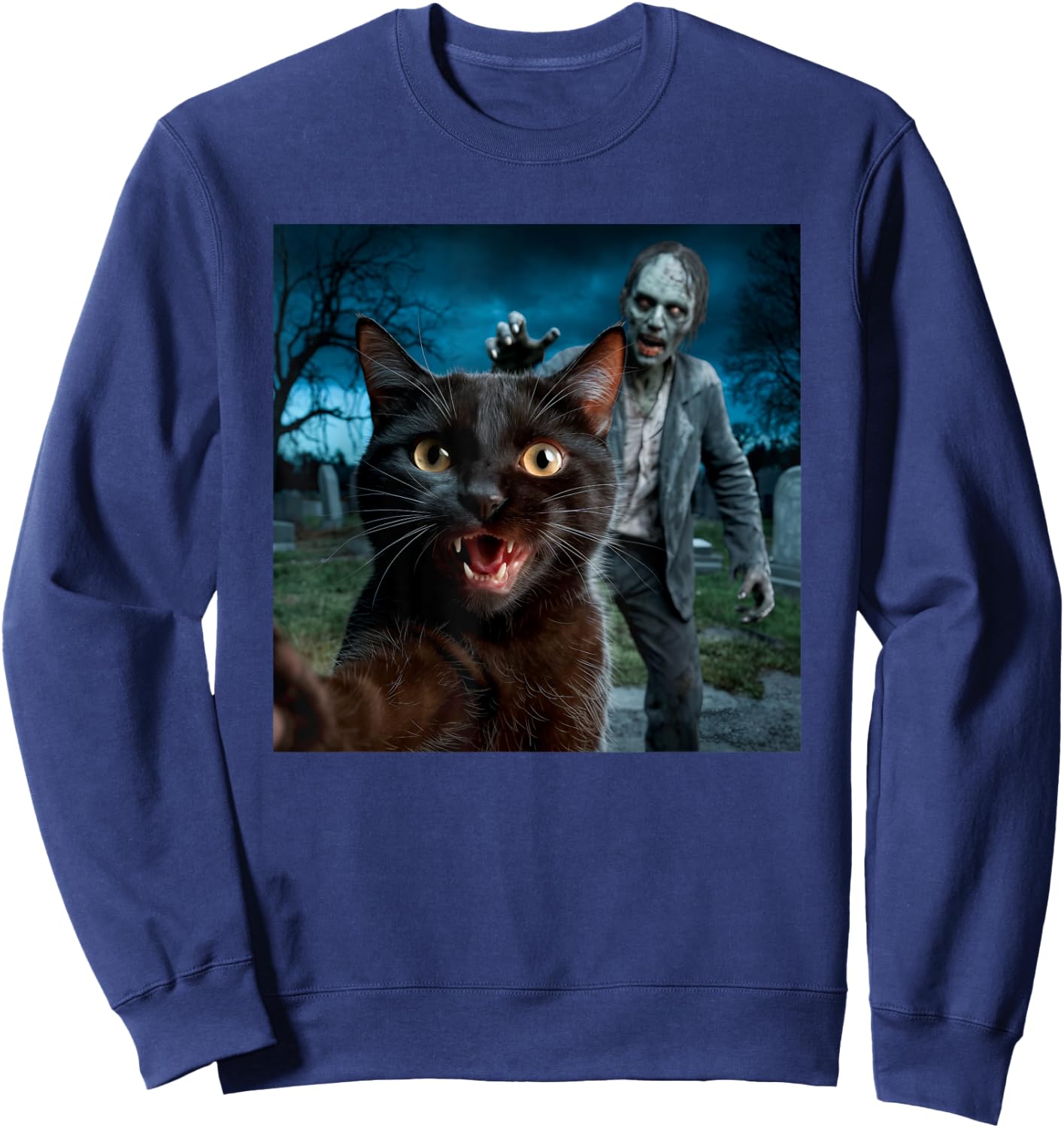 Cat and Zombie Selfie Photo Halloween for Cat Lovers Men Women Kids Sweatshirt - Sweatshirt | Navy