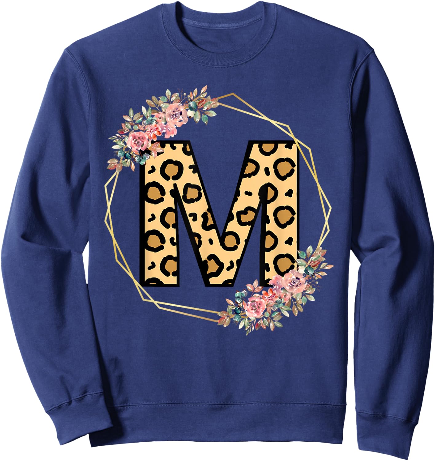 Leopard Letter M Initial Flower Monogram Girls Sweatshirt - Sweatshirt | Navy
