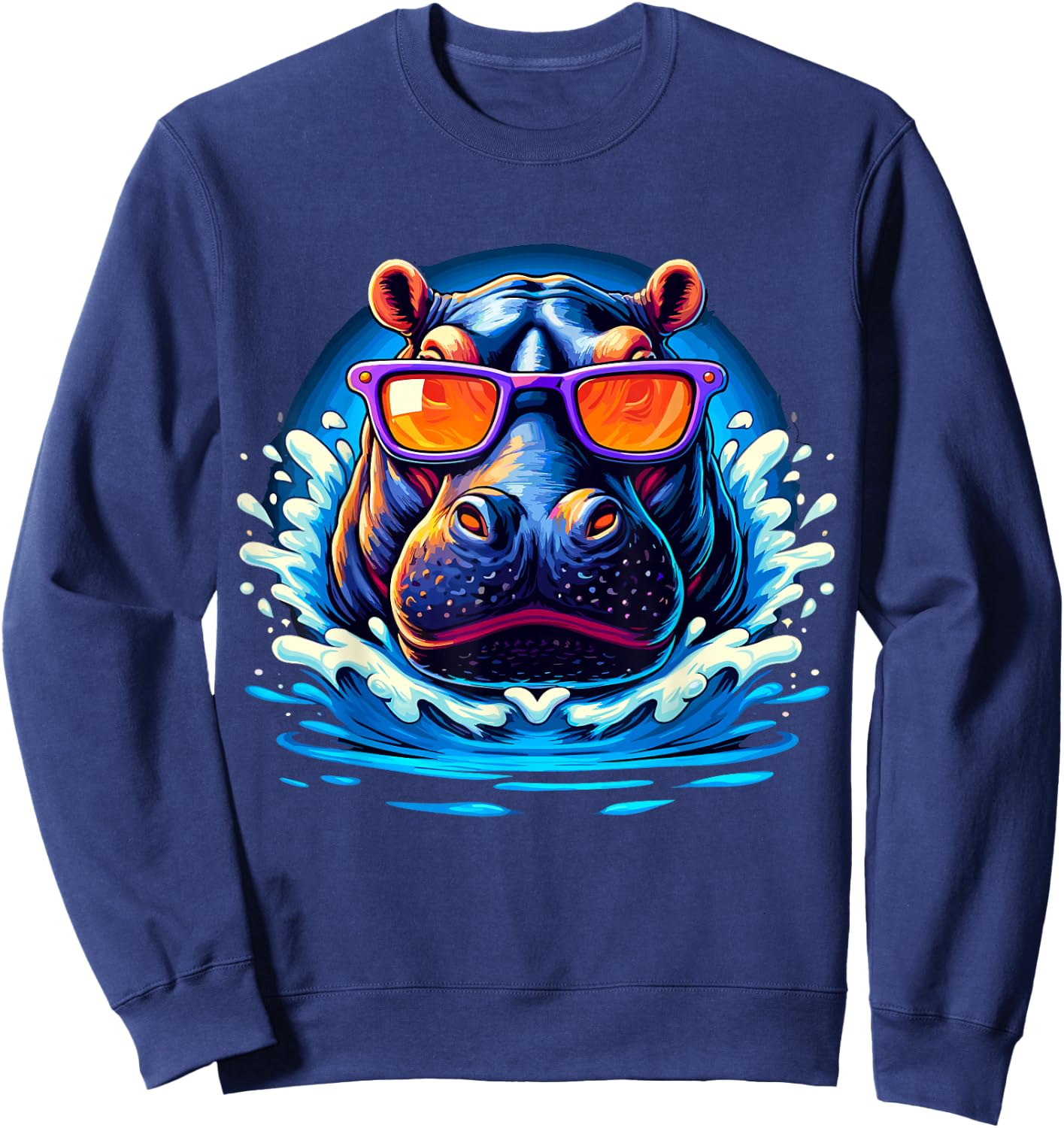 Hippo with Sunglasses Hippopotamus Sweatshirt - Sweatshirt | Navy