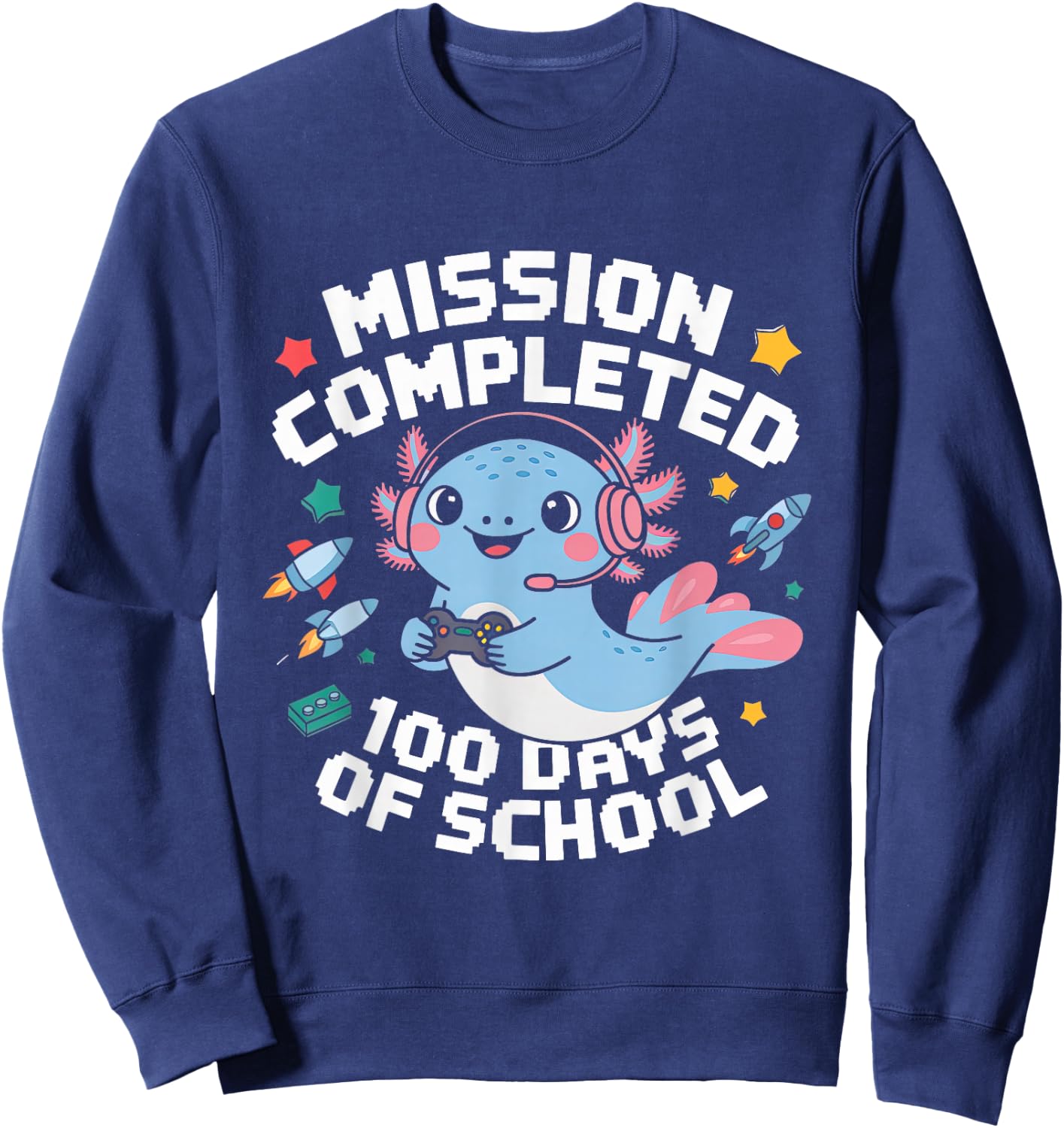 100 Days Of School Boys 100th Day Of School Gamer Axolotl Sweatshirt - Sweatshirt | Navy