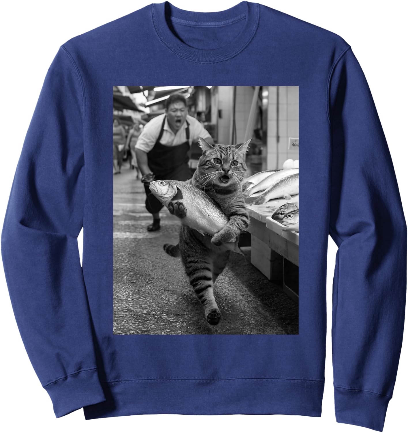 Lustiges schwarz-weißes Meme im Vintage-Stil, Motiv „Katze stiehlt Fischmarkt“ Sweatshirt - Sweatshirt | Navy
