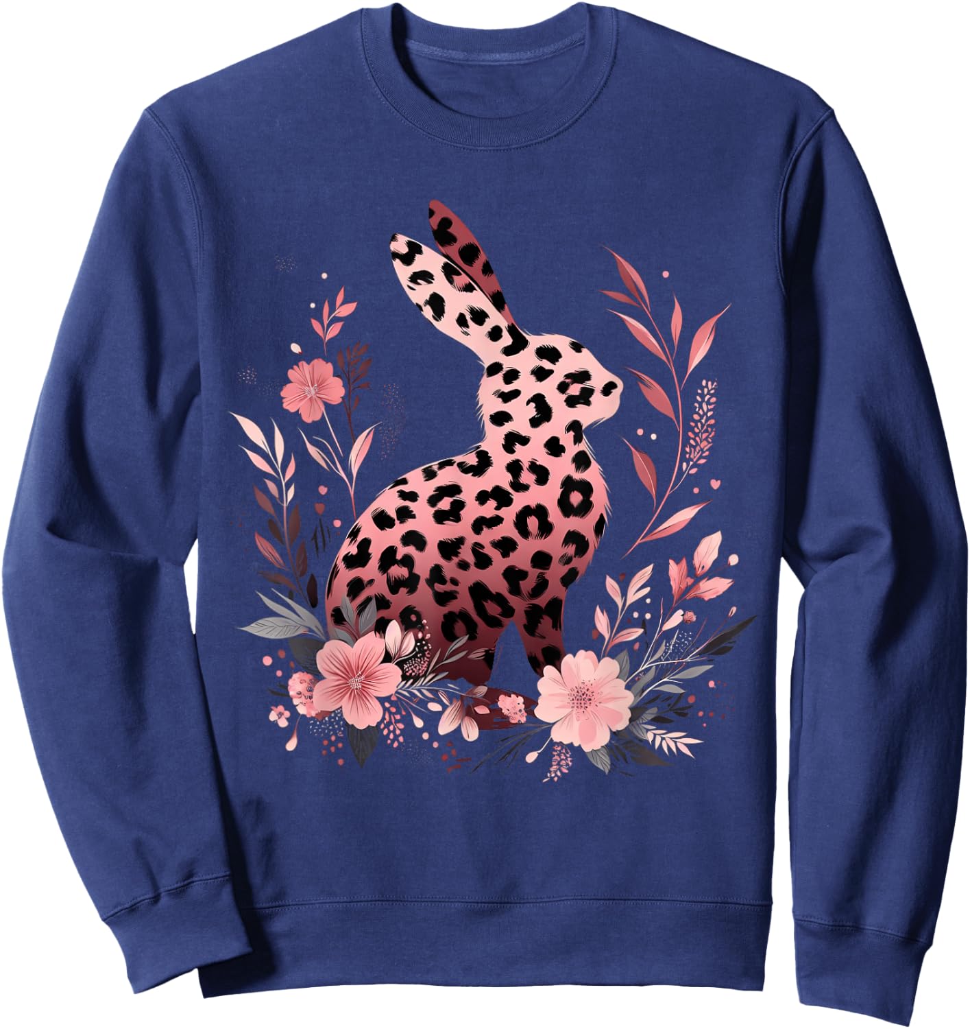 Leopard Rabbit Easter Day Floral Bunny Women Girls Kids Sweatshirt - Sweatshirt | Navy