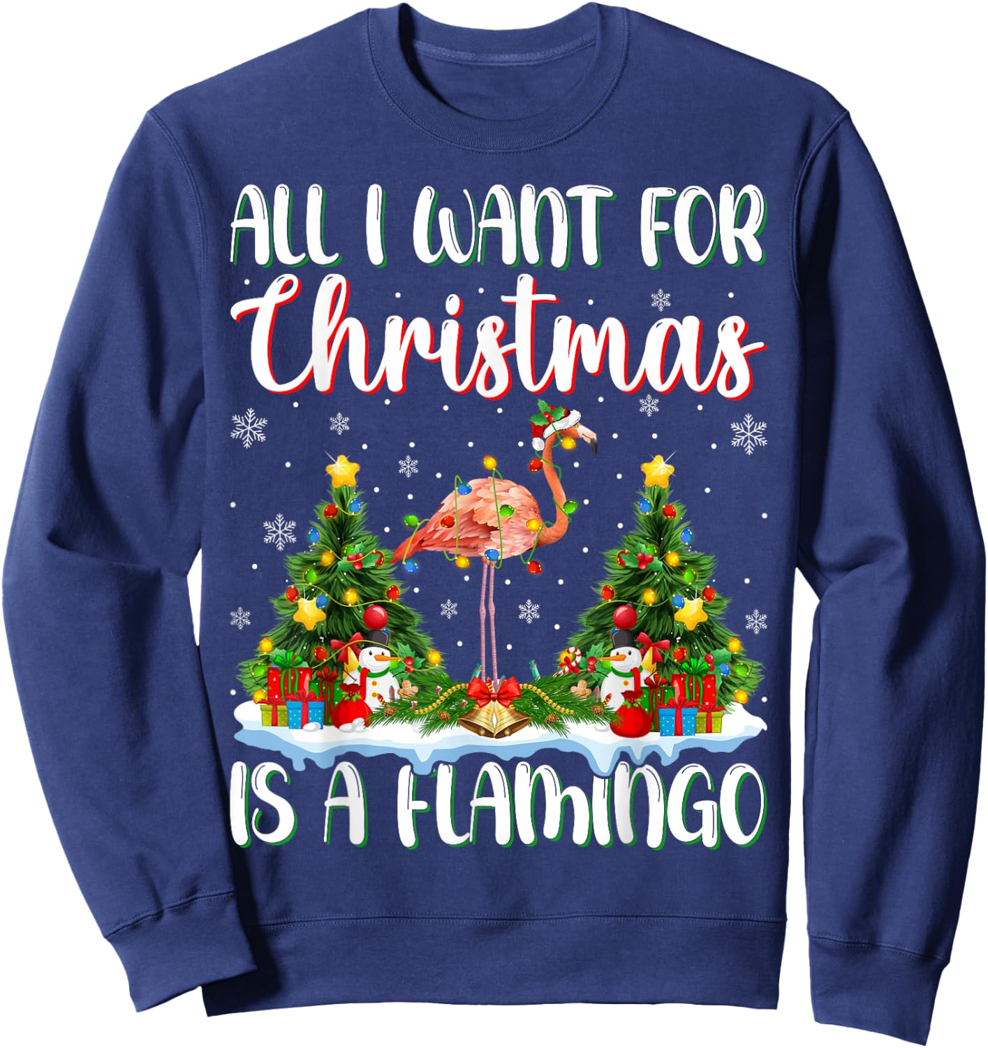 I Want For Christmas Is A Flamingo Bird Xmas Tree Lights Sweatshirt - Sweatshirt | Navy