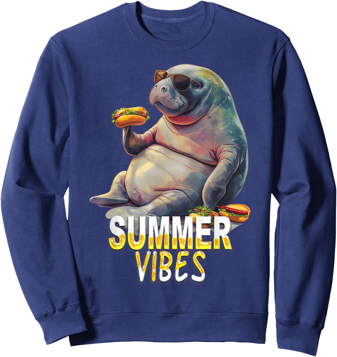 Manatee Eating Hot Dogs - Summer Funny Design Sweatshirt - Sweatshirt | Navy