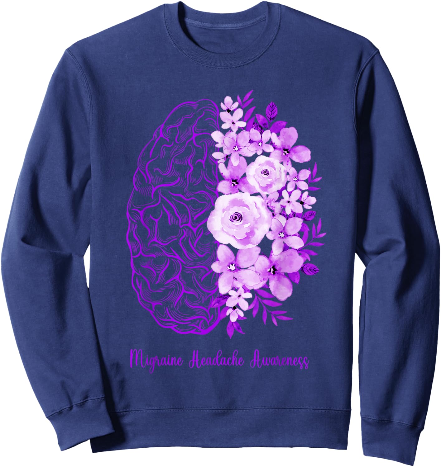 Migraine Headache Awareness Brain Flower Purple Ribbon Sweatshirt - Sweatshirt | Navy