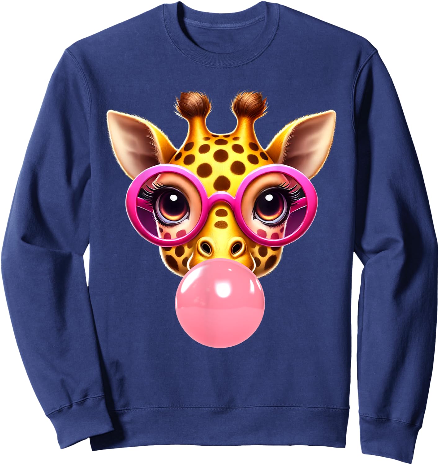 Funny Giraffe Pink Glasses Blowing Bubble Gum Animal Lovers Sweatshirt - Sweatshirt | Navy