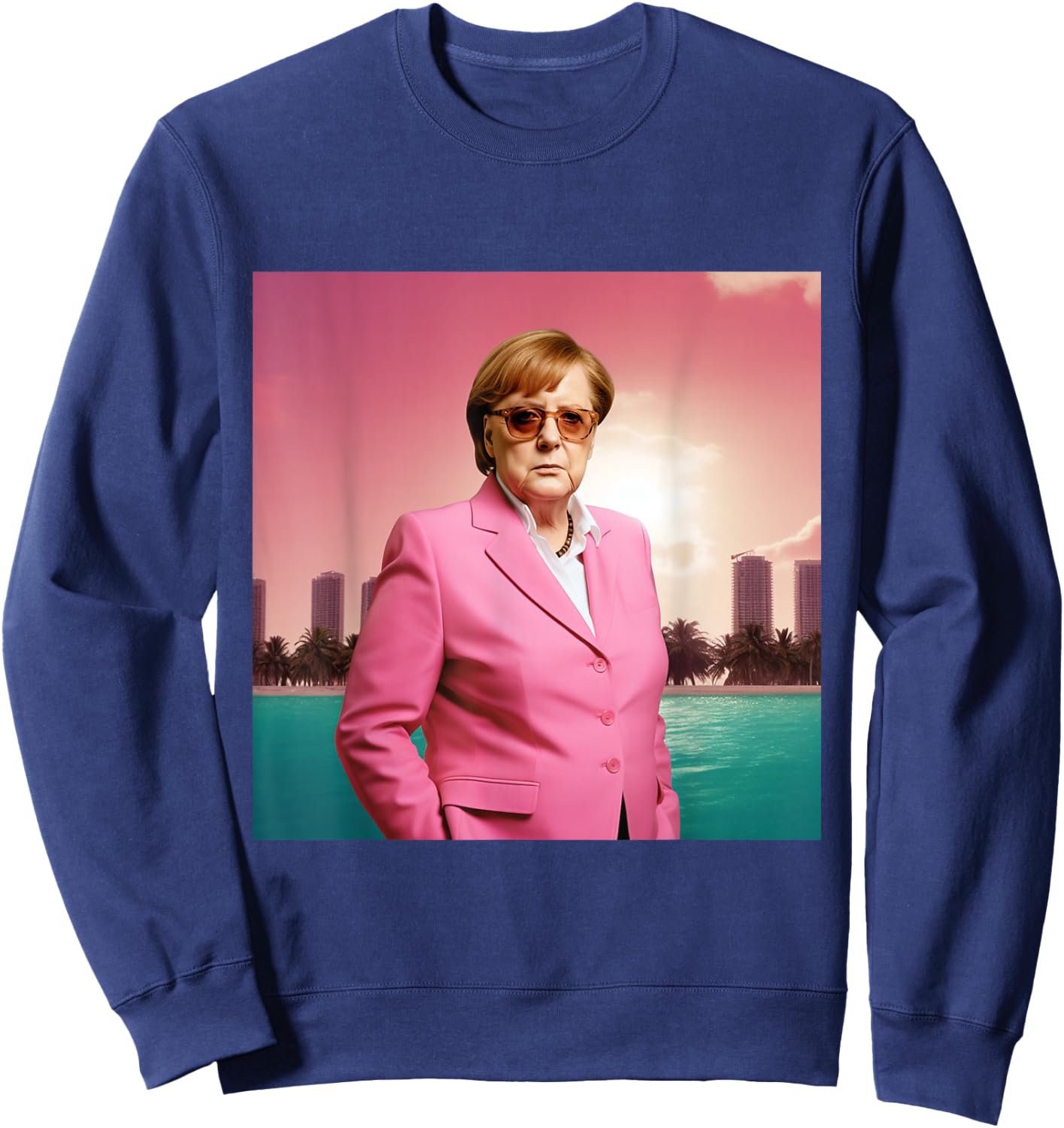 Angela Merkel Wearing Pink Suit in Miami, Digital Art , black Sweatshirt - Sweatshirt | Navy