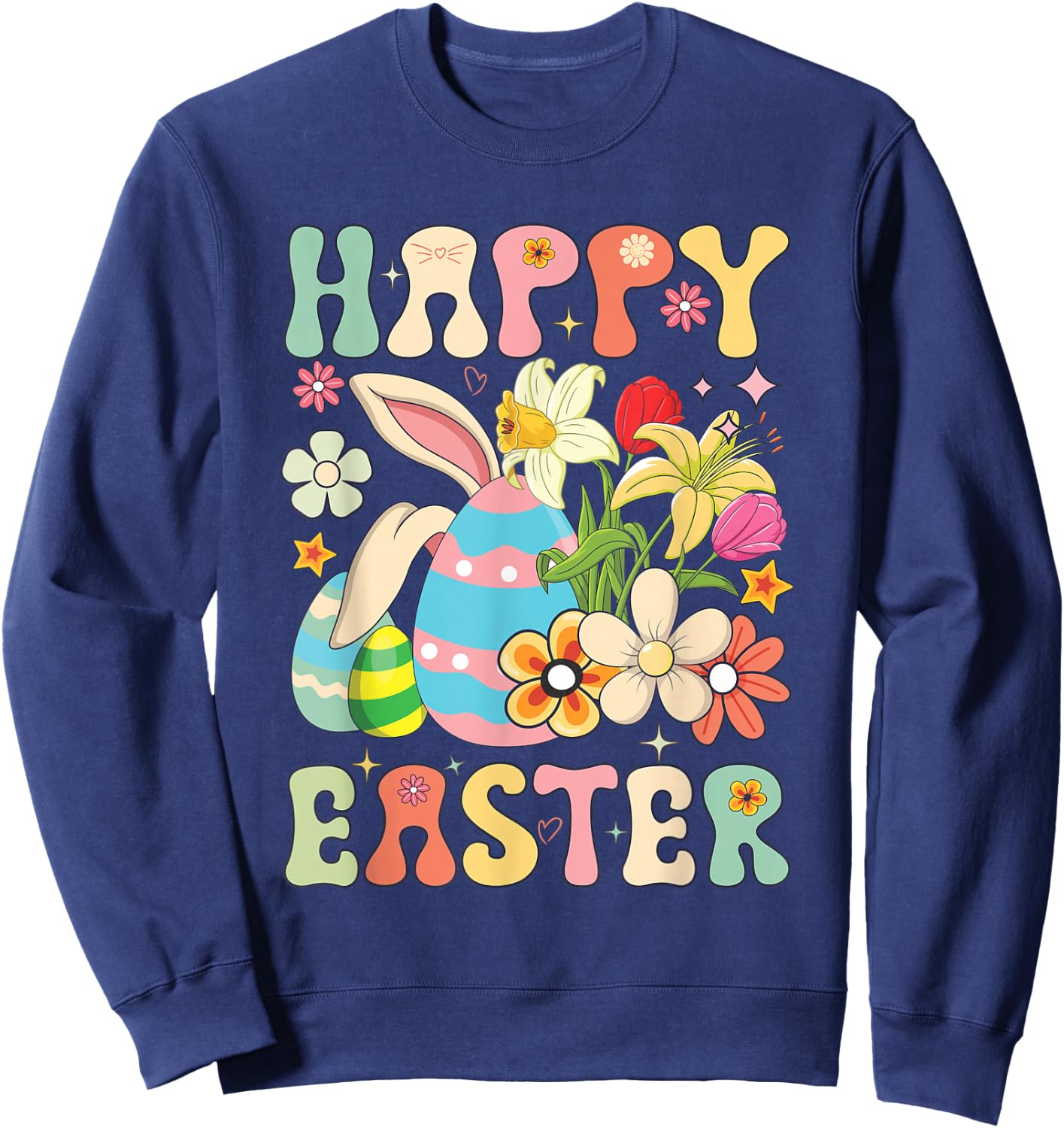 Happy Easter Bunny Rabbit Eggs Groovy Matching Easter Day Sweatshirt - Sweatshirt | Navy