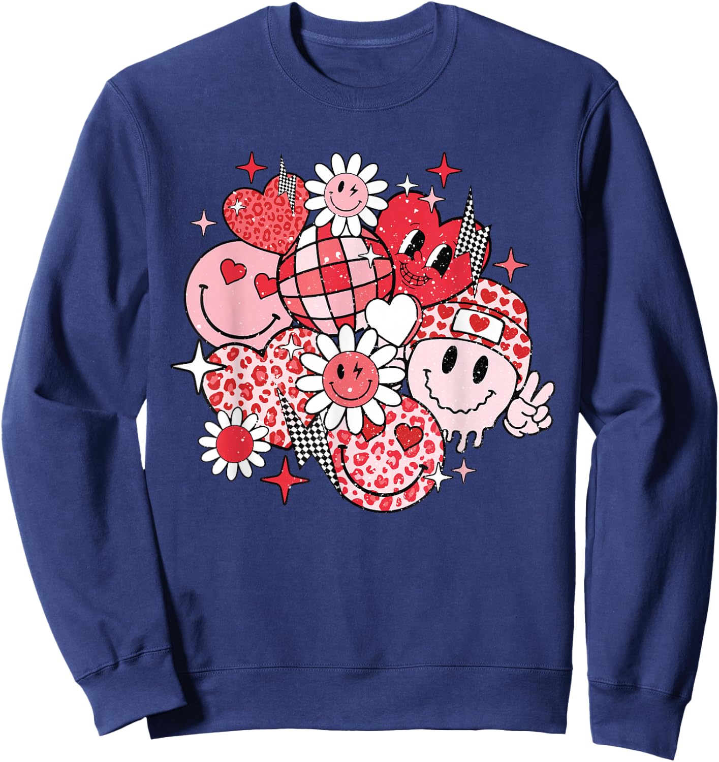 Smile Face Valentines Day Vibes Leopard Flower Groovy Retro Sweatshirt - Sweatshirt | Navy