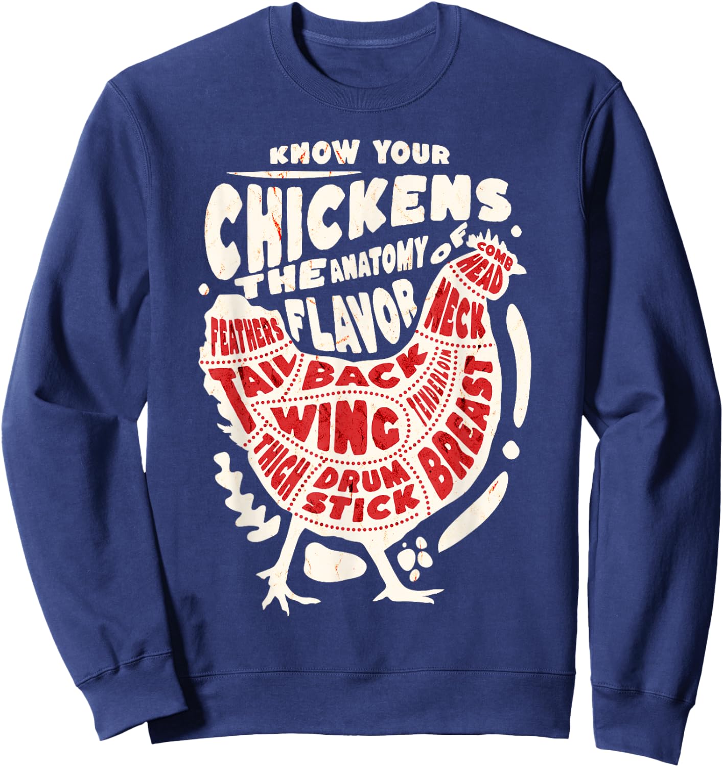 Know Your Chicken The Anatomy of Flavor Funny Rooster Design Sweatshirt - Sweatshirt | Navy
