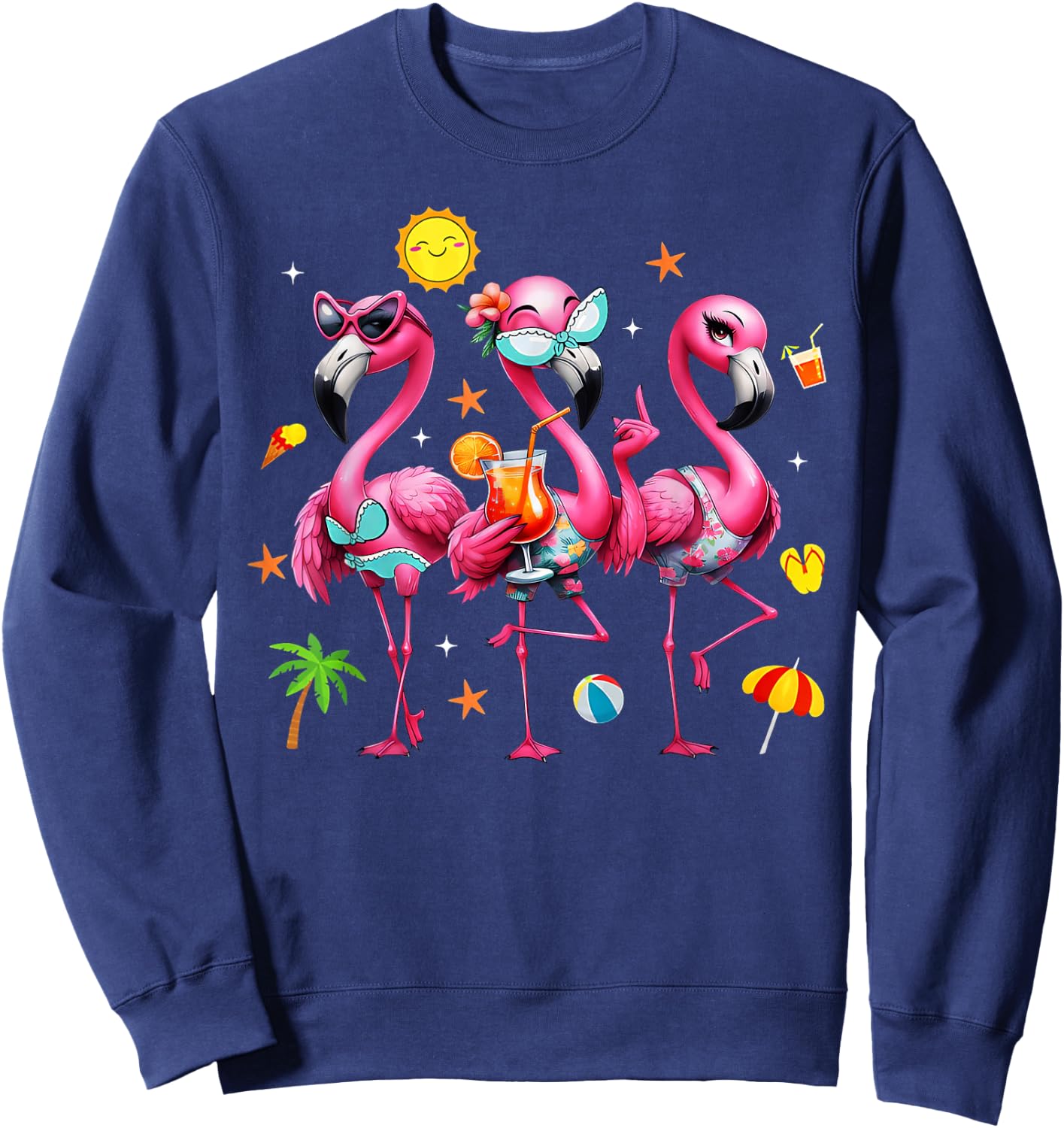 Flamingo Pink Palm Tree Tropical Beach Summer Vacation Women Sweatshirt - Sweatshirt | Navy