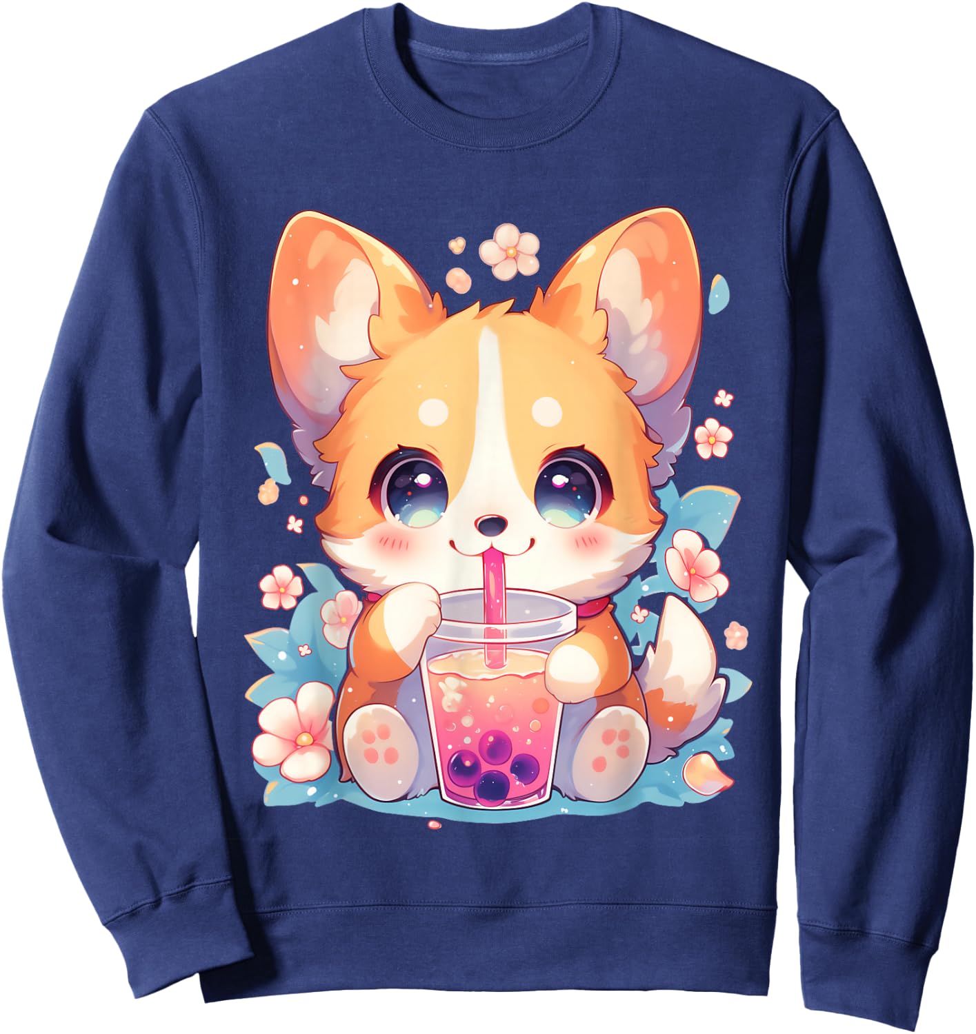 Boba Tea Bubble Tea Anime Kawaii Corgi Puppy Sweatshirt - Sweatshirt | Navy