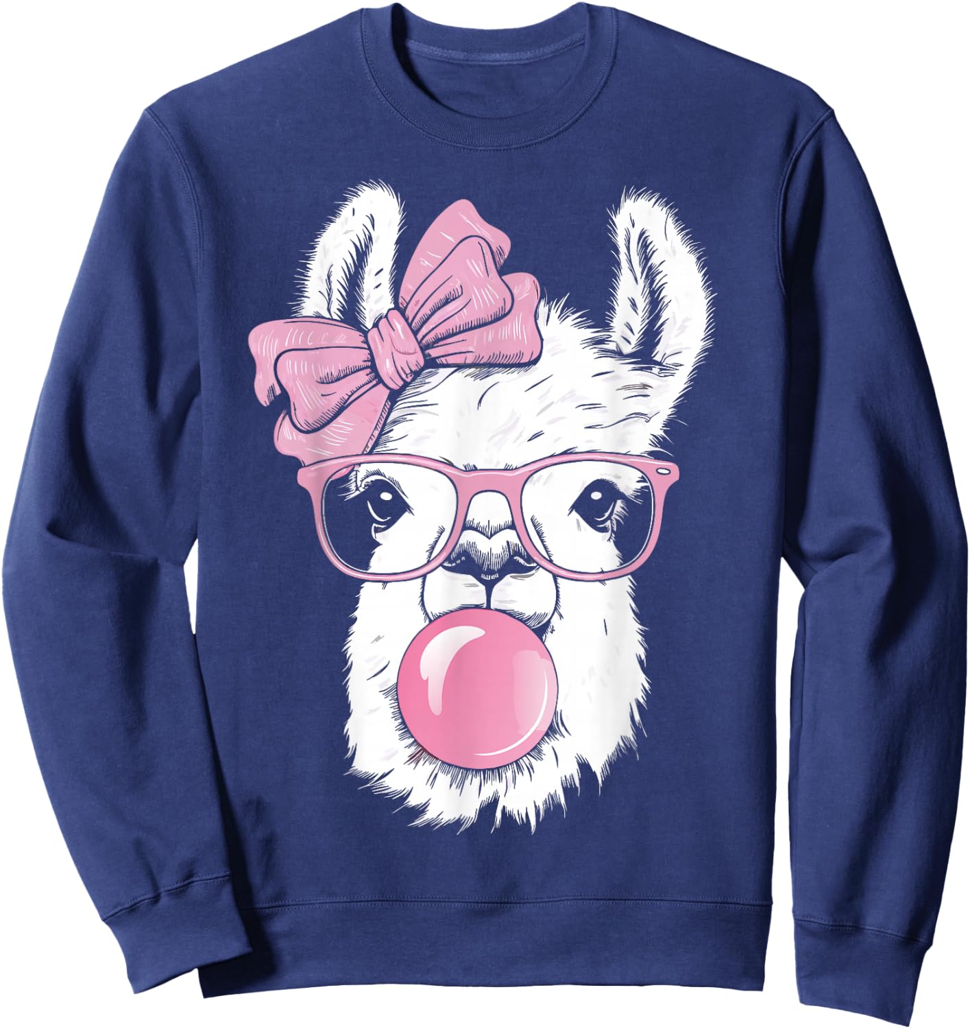 Llama Wearing Glasses and Blowing Pink Bubble Gum Sweatshirt - Sweatshirt | Navy