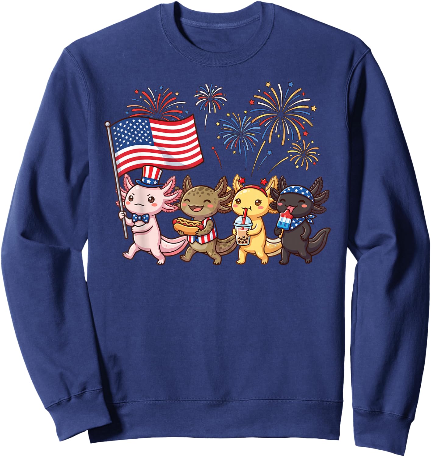 Kawaii Patriotic Axolotls Celebrating 4th of July Fireworks Sweatshirt - Sweatshirt | Navy