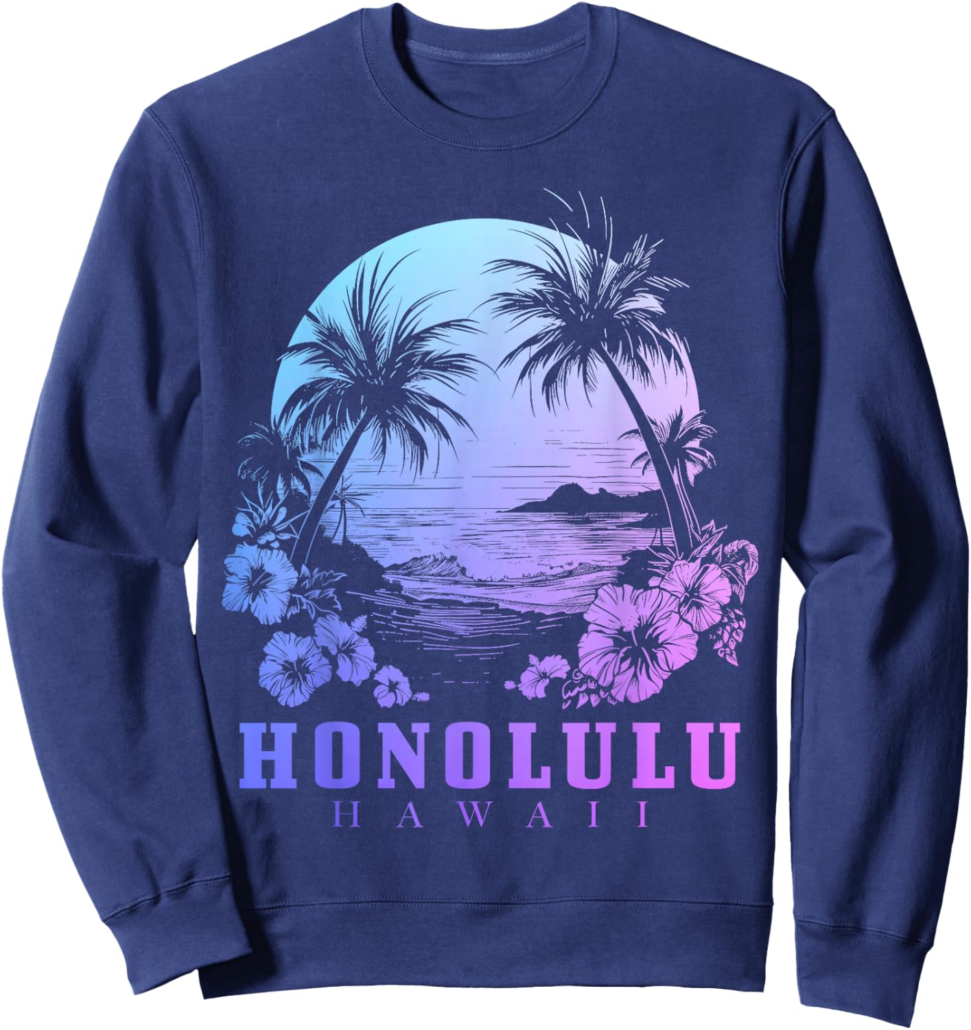 Honolulu Hawaii Hawaiian Hibiscus Flowers Surfer Souvenir Sweatshirt - Sweatshirt | Navy