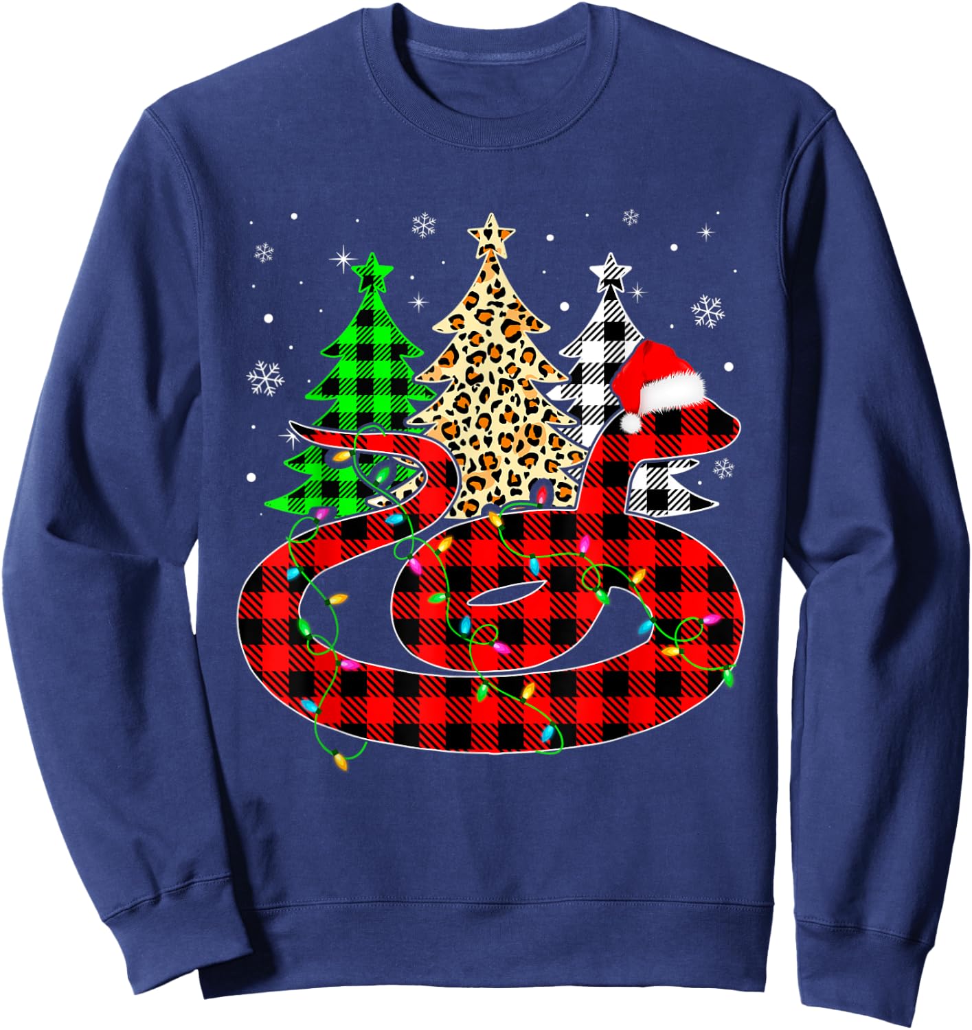Cute Snake Santa Hat Christmas Tree Lights Xmas Plaid Sweatshirt - Sweatshirt | Navy