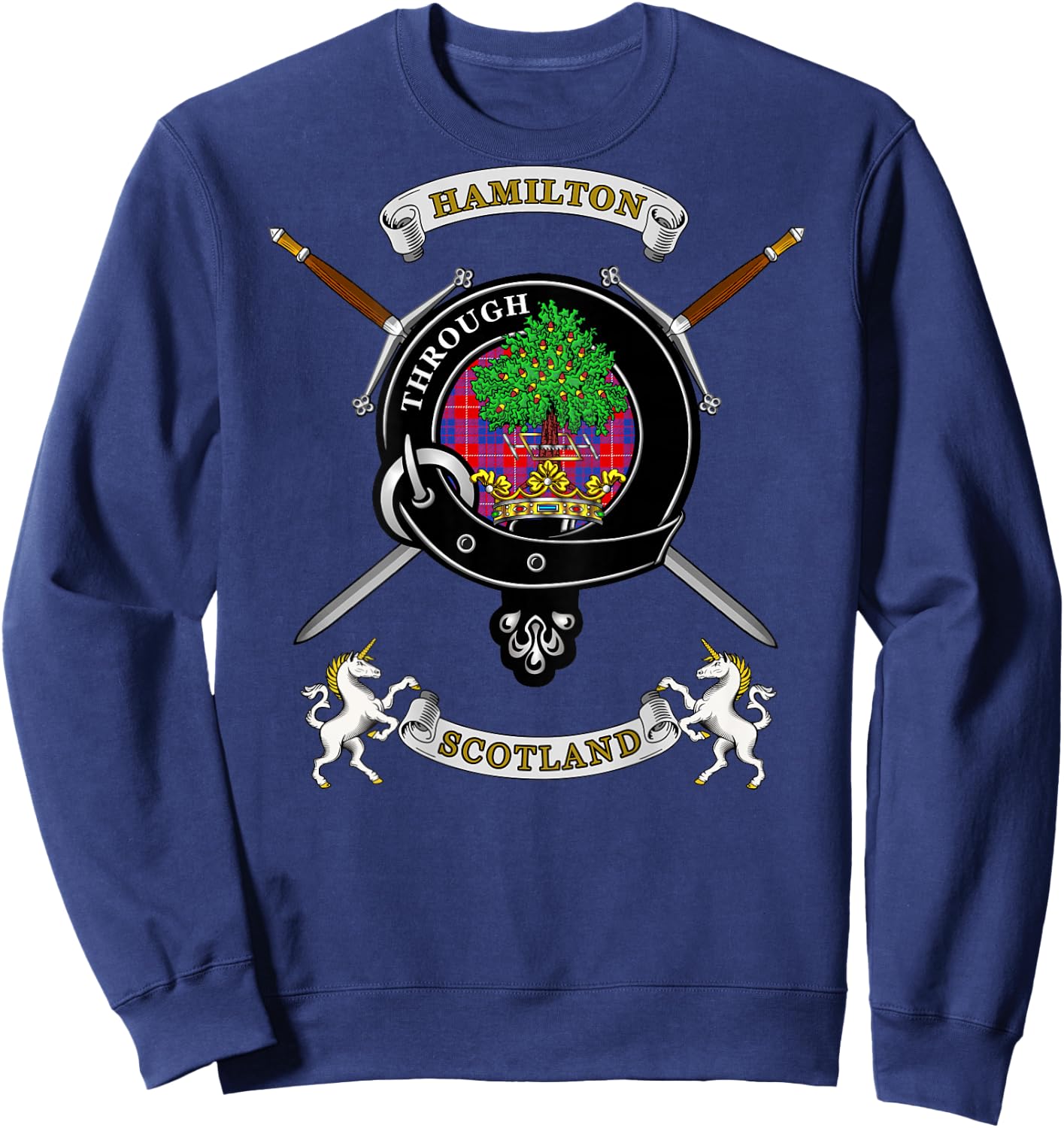 Hamilton Scottish Clan Badge Tartan & Swords (Back) Sweatshirt - Sweatshirt | Navy