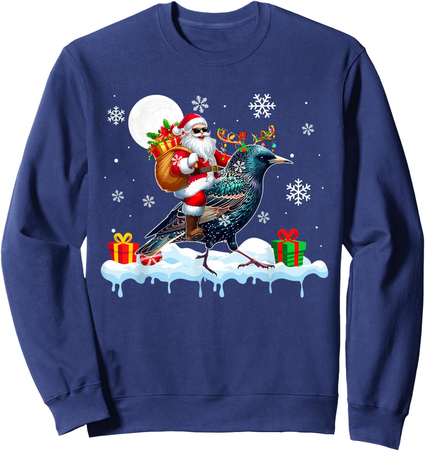 Santa Sunglasses Riding Reindeer Starling Bird Enthusiast Sweatshirt - Sweatshirt | Navy