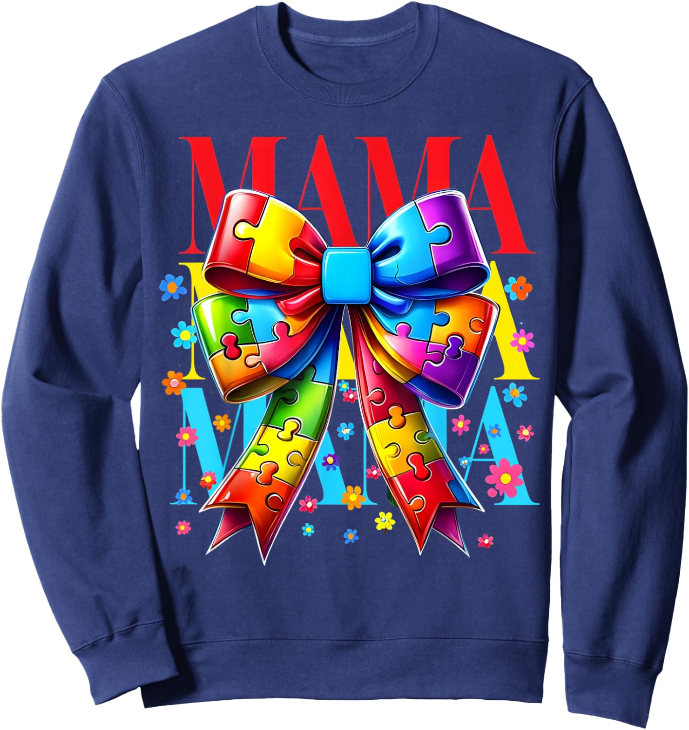 Autism Mom Puzzle Piece Coquette Bow Ribbon Autism Mama Kids Sweatshirt - Sweatshirt | Navy