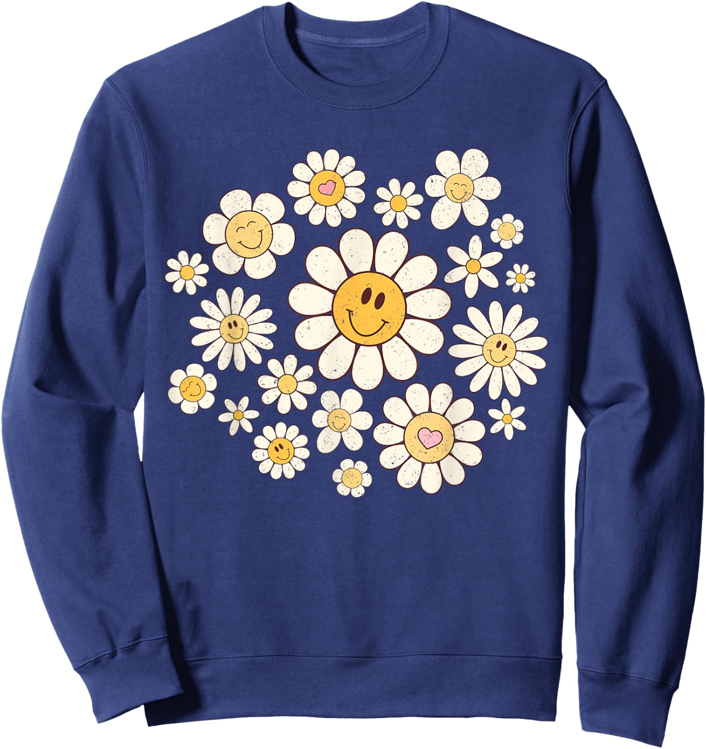 Vintage Cute Smile Face Flower Happy Face Flowers Heart Girl Sweatshirt - Sweatshirt | Navy