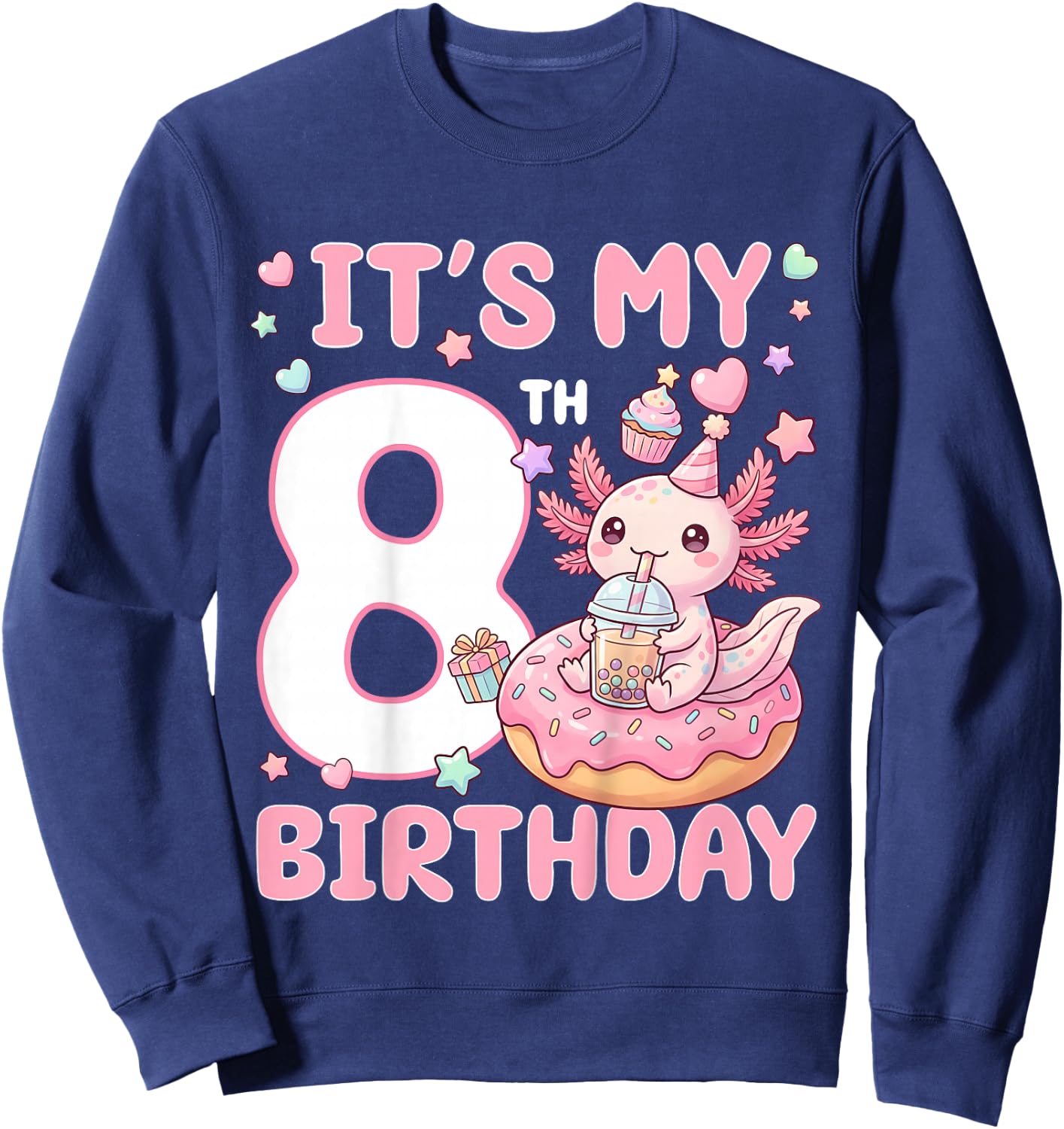 It's My 8th Birthday Axolotl Bubble Boba Tea Anime 8 Years Sweatshirt - Sweatshirt | Navy