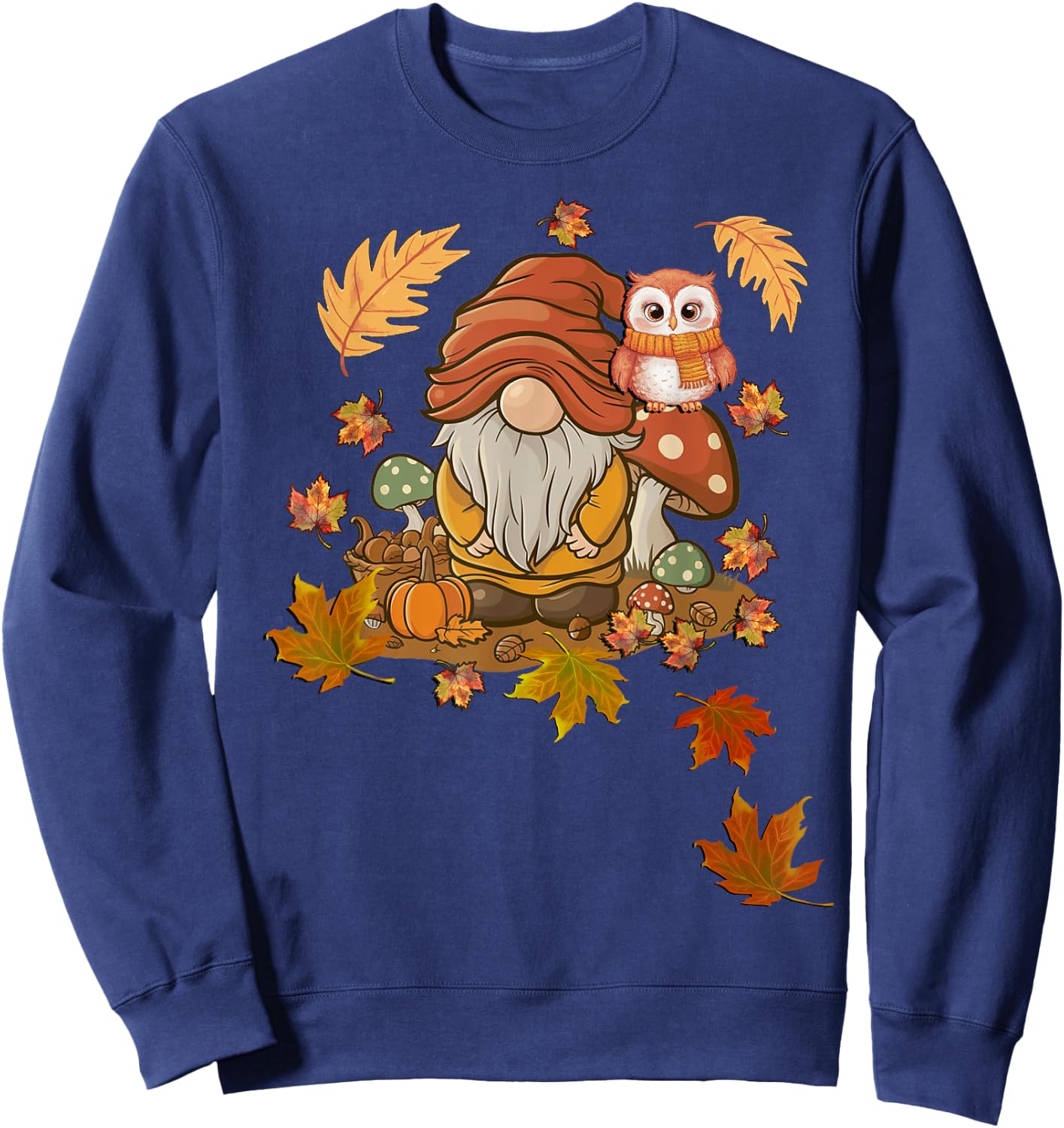Autumn Season Design Leaves, Owls and Cute Fall Gnome Sweatshirt - Sweatshirt | Navy