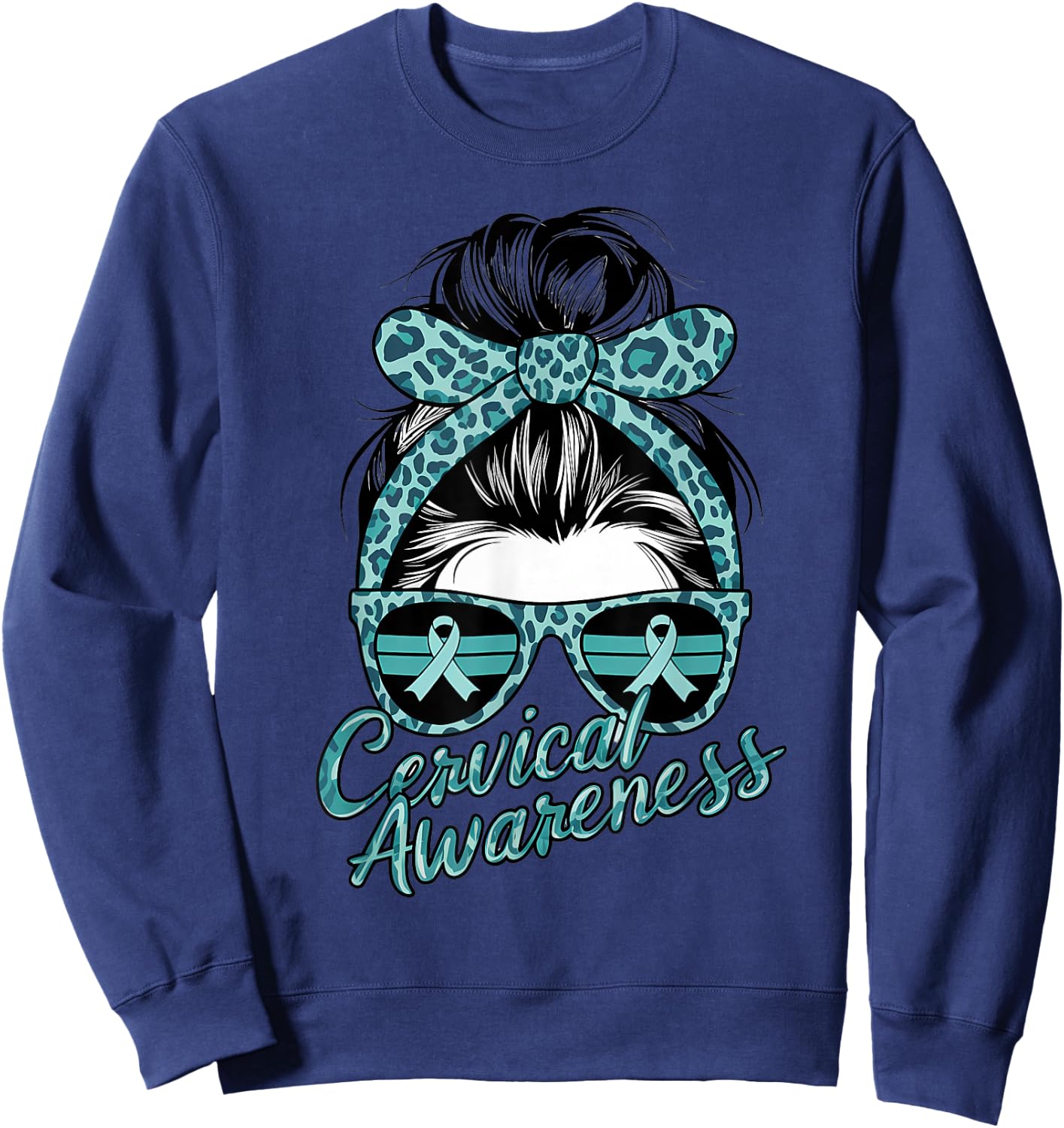 Cervical Cancer Awareness Scarf Leopard Girl Teal Ribbon Sweatshirt - Sweatshirt | Navy