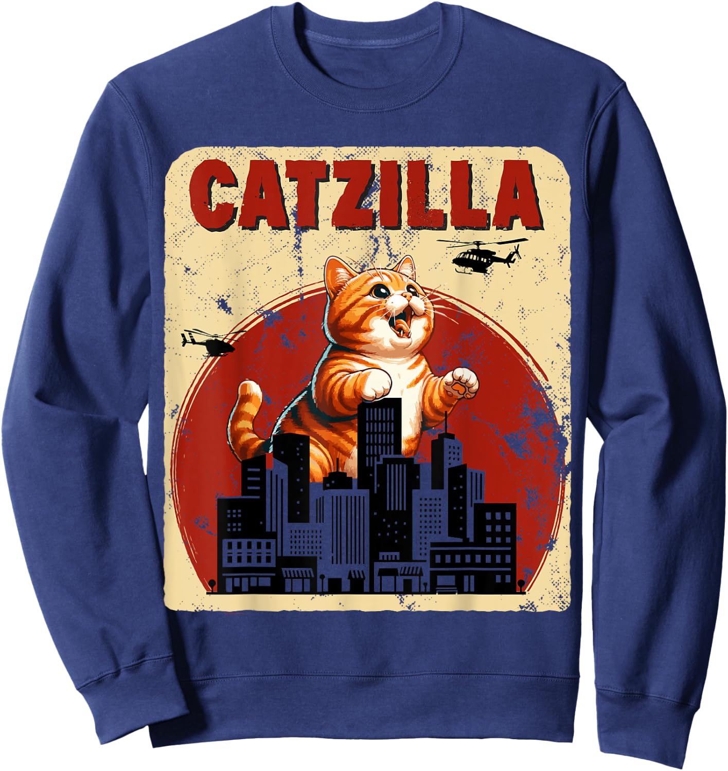 Catzilla Funny Giant Orange Tabby Cute Classic Japanese Film Sweatshirt - Sweatshirt | Navy