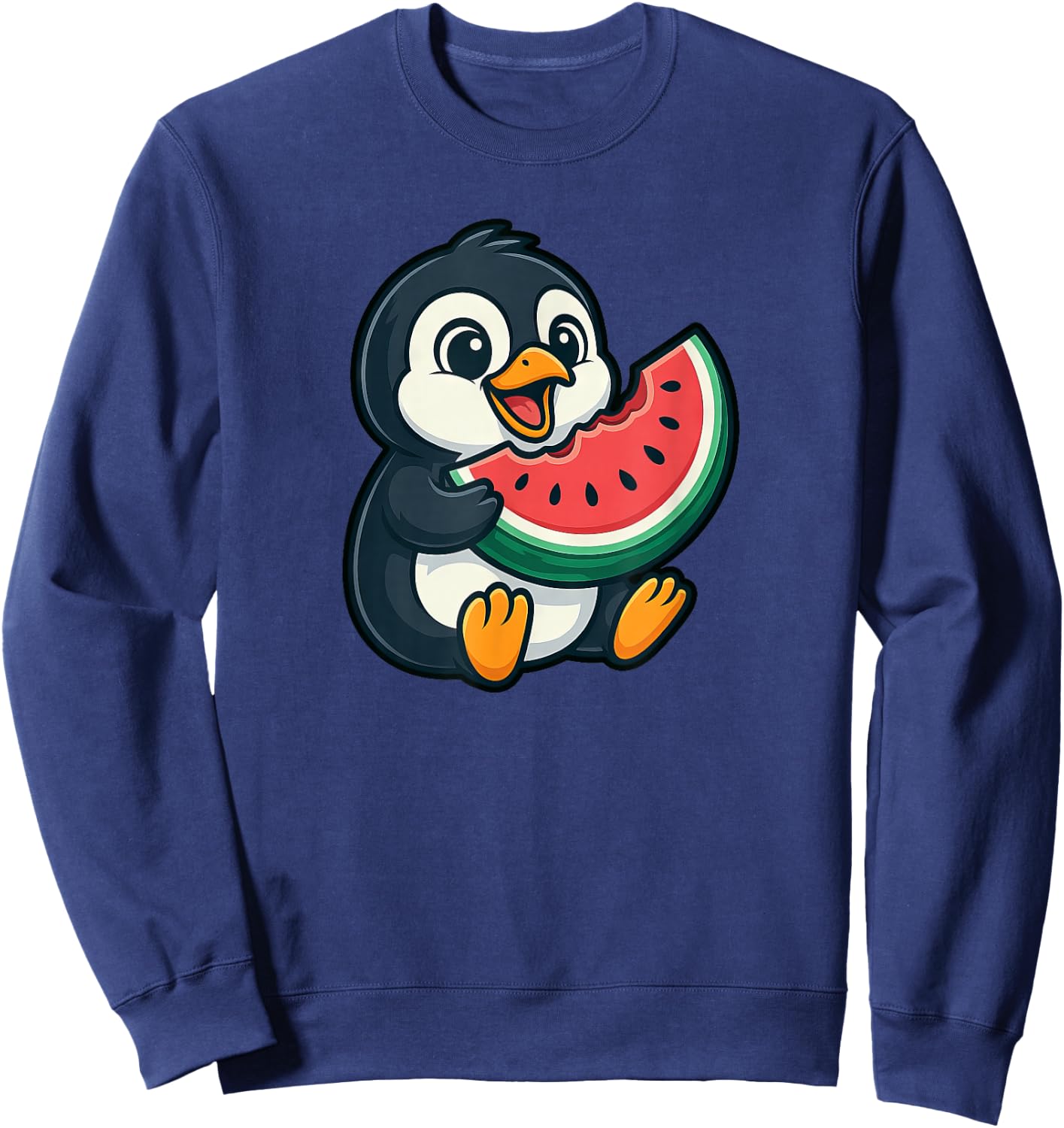 Cute Penguin Eating Watermelon Slice Cartoon Sweatshirt - Sweatshirt | Navy