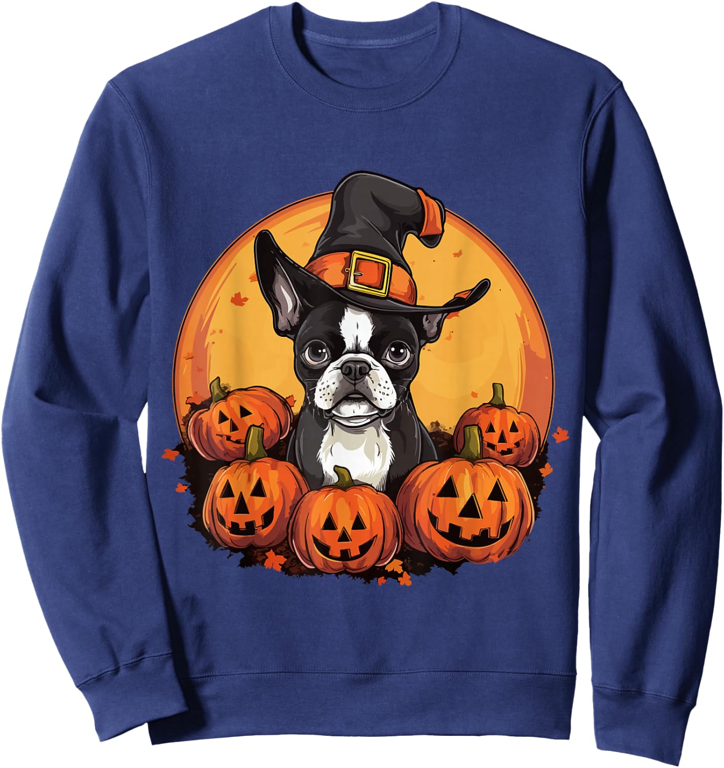 Boston Terrier Bostie Dog Breed Pet Halloween Pumpkins Sweatshirt - Sweatshirt | Navy