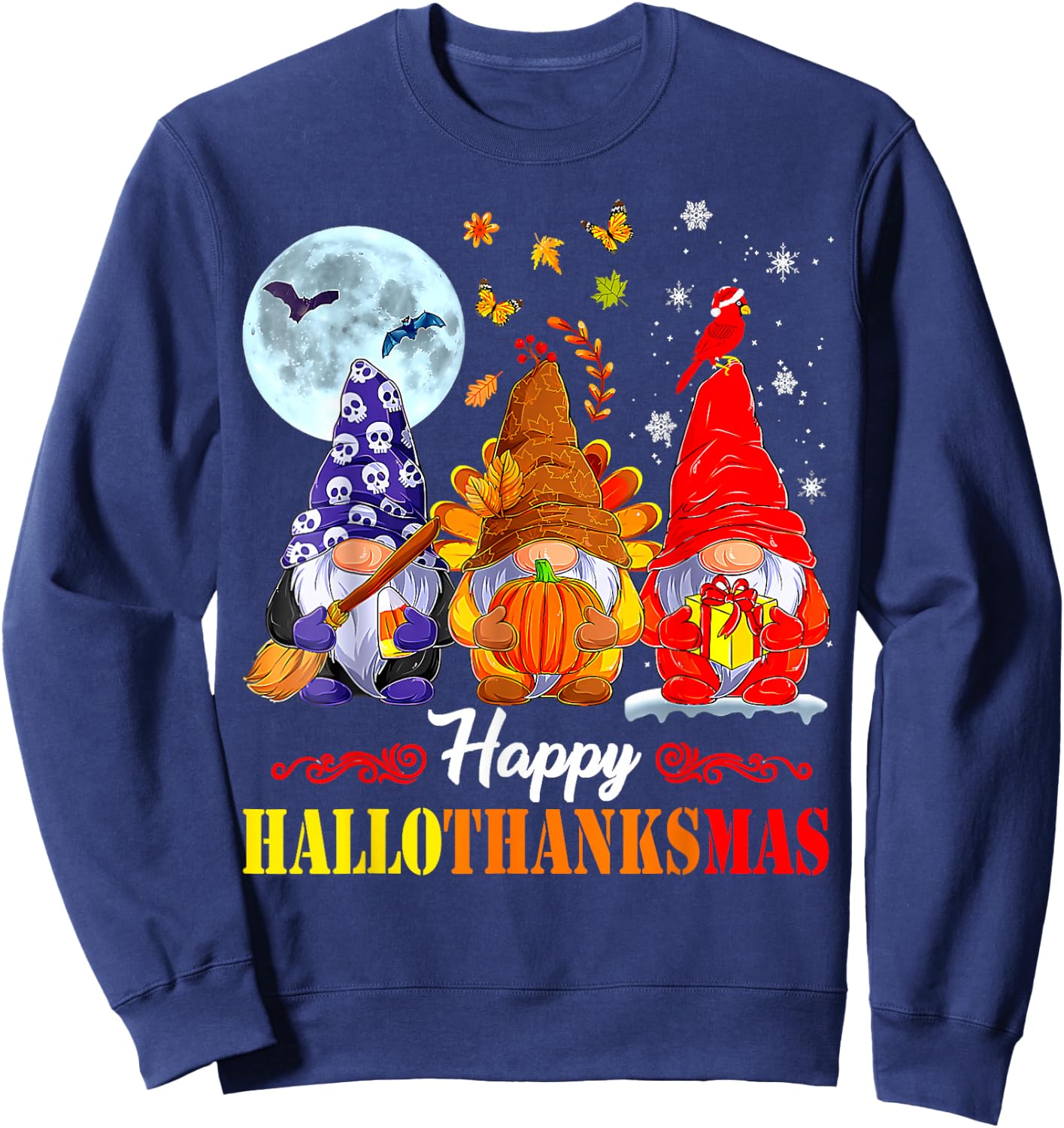 Halloween Thanksgiving Christmas Happy HalloThanksMas Gnomes Sweatshirt - Sweatshirt | Navy