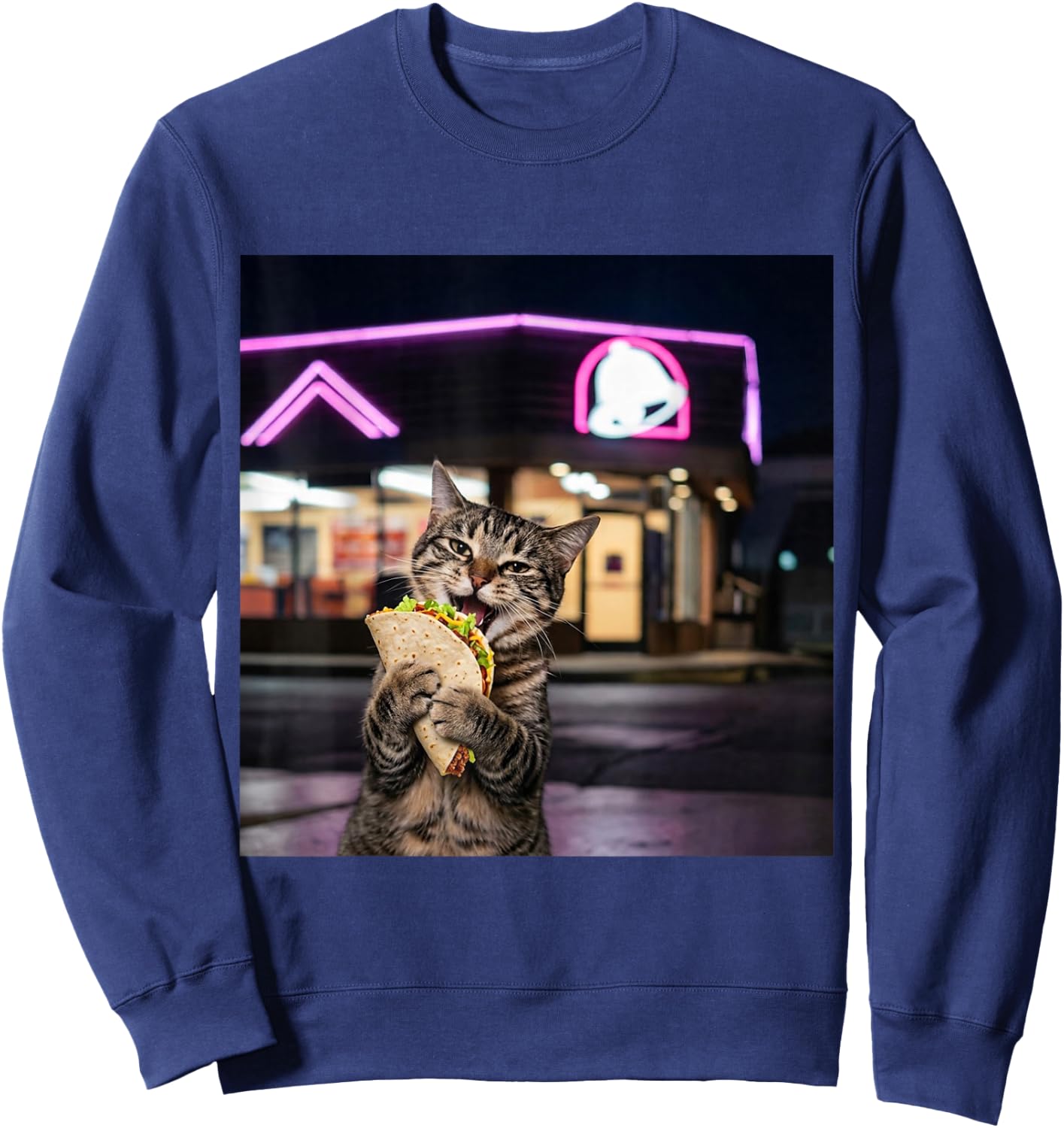 Funny Cat Eating Taco Cat Meme Vintage 90s Edgy Cat Lovers Sweatshirt - Sweatshirt | Navy