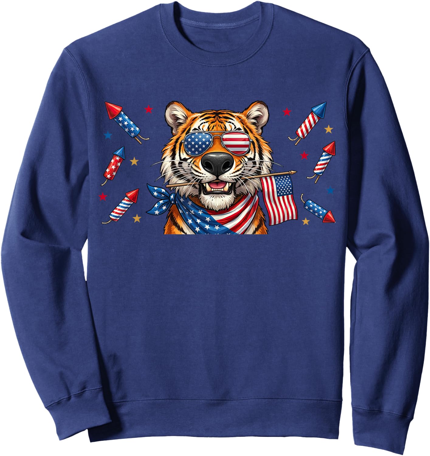 Funny Tiger American USA Flag Memorial Day 4th of July Sweatshirt - Sweatshirt | Navy