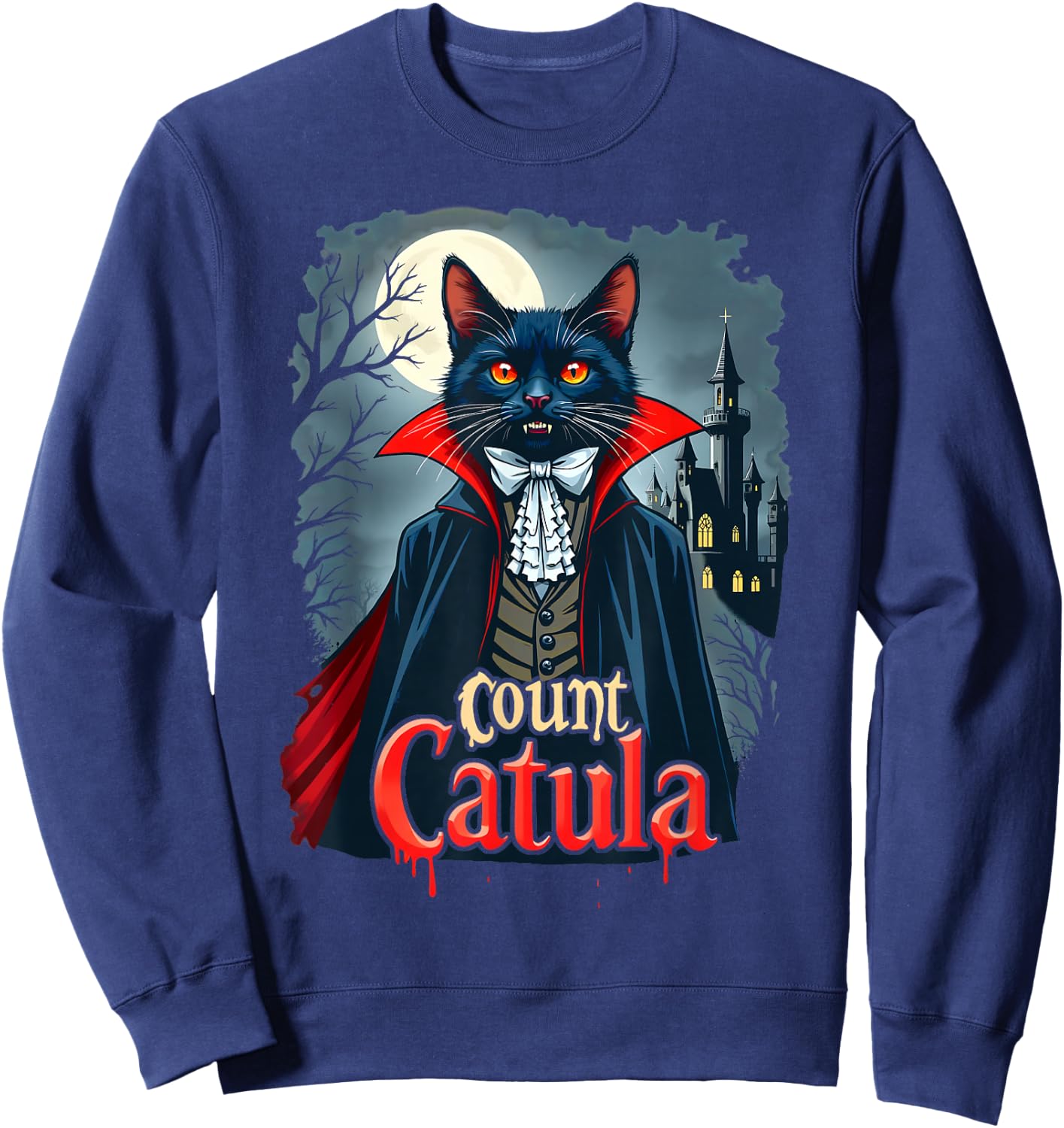 Count Catula Dracula Spooky Horror Vampire Cat Halloween Sweatshirt - Sweatshirt | Navy