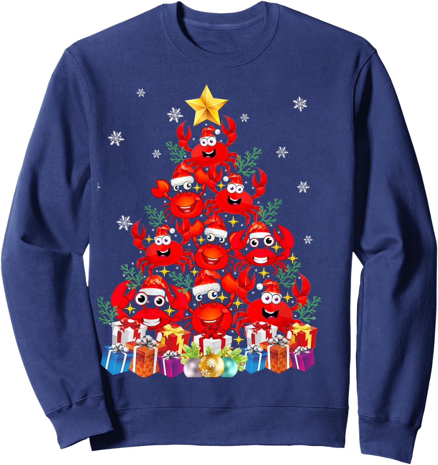Funny Crab Christmas Tree Lights With Santa Hat Sweatshirt - Sweatshirt | Navy