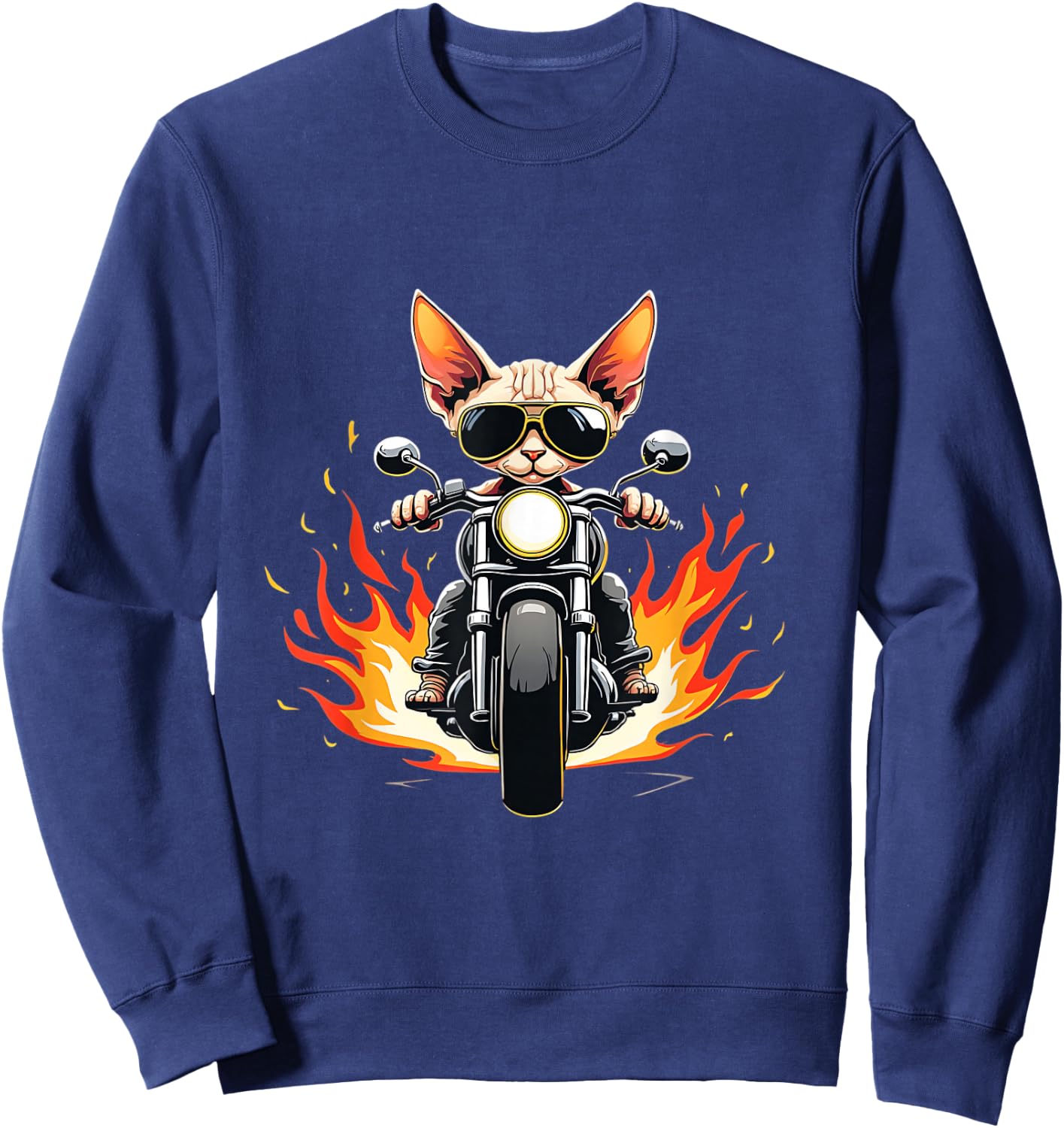 Funny Sphynx Cat Riding a Motorcycle Design Sphynx Cat Lover Sweatshirt - Sweatshirt | Navy