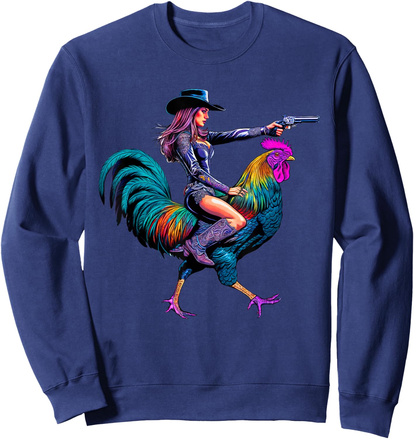 Rooster Cowboy Cowgirl Riding Chicken Whimsical Western Sweatshirt - Sweatshirt | Navy