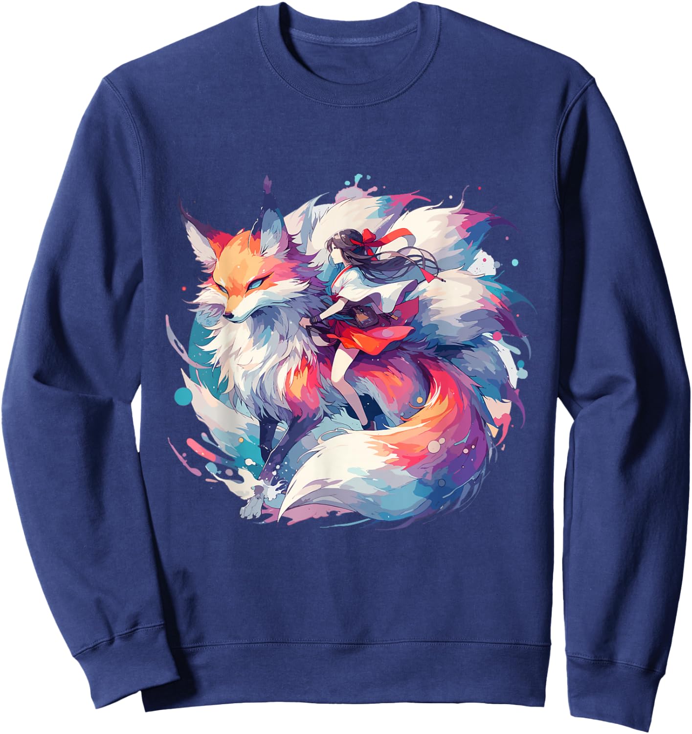 Anime Kitsune Girl On Nine-tailed Fox Sweatshirt - Sweatshirt | Navy
