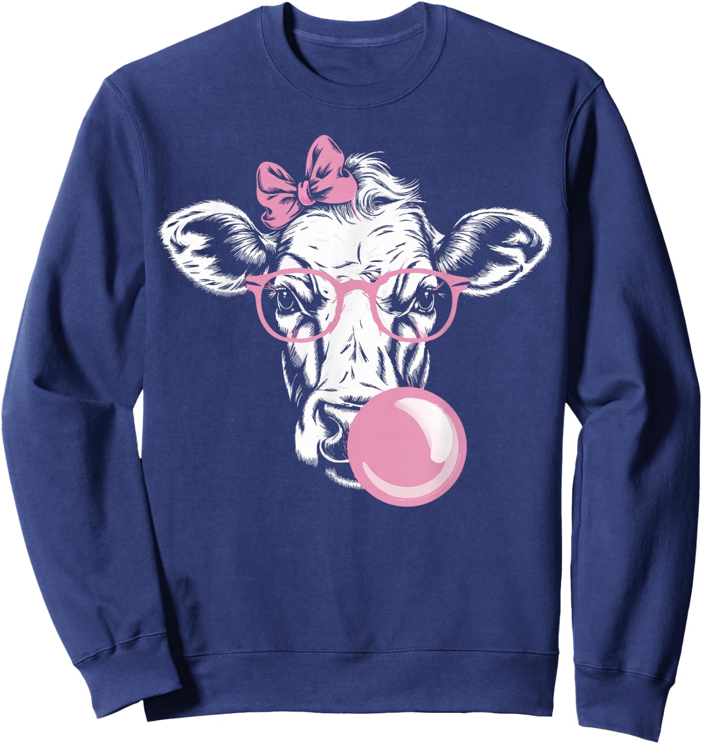 Cow Wearing Glasses and Blowing Pink Bubble Gum Sweatshirt - Sweatshirt | Navy