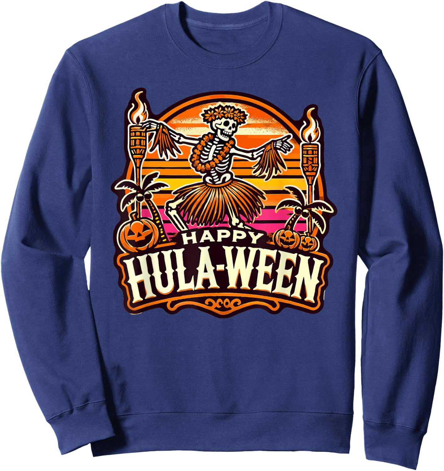 Happy Hulaween Spooky Halloween Island Skeleton Hula Dancer Sweatshirt - Sweatshirt | Navy