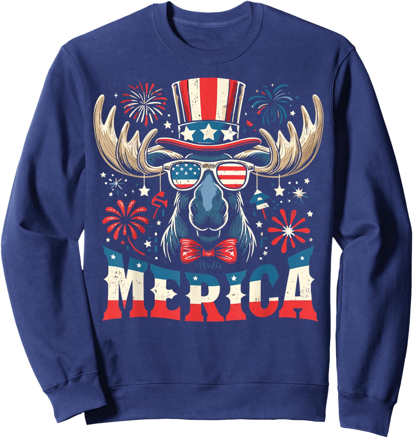 Patriotic Moose USA Flag 4th of July Moose Women Men Merica Sweatshirt - Sweatshirt | Navy