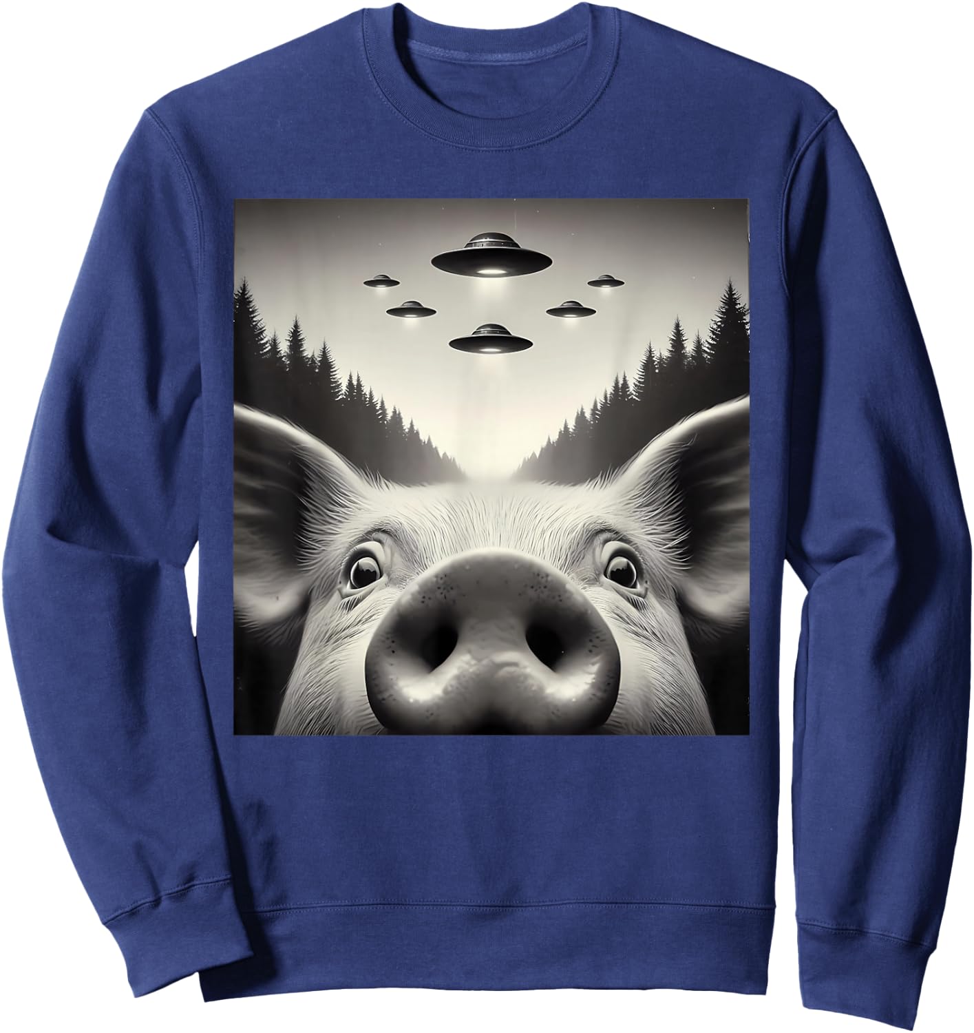 Funny Pig Selfie UFO Alien Humor Vintage Print Art Design Sweatshirt - Sweatshirt | Navy